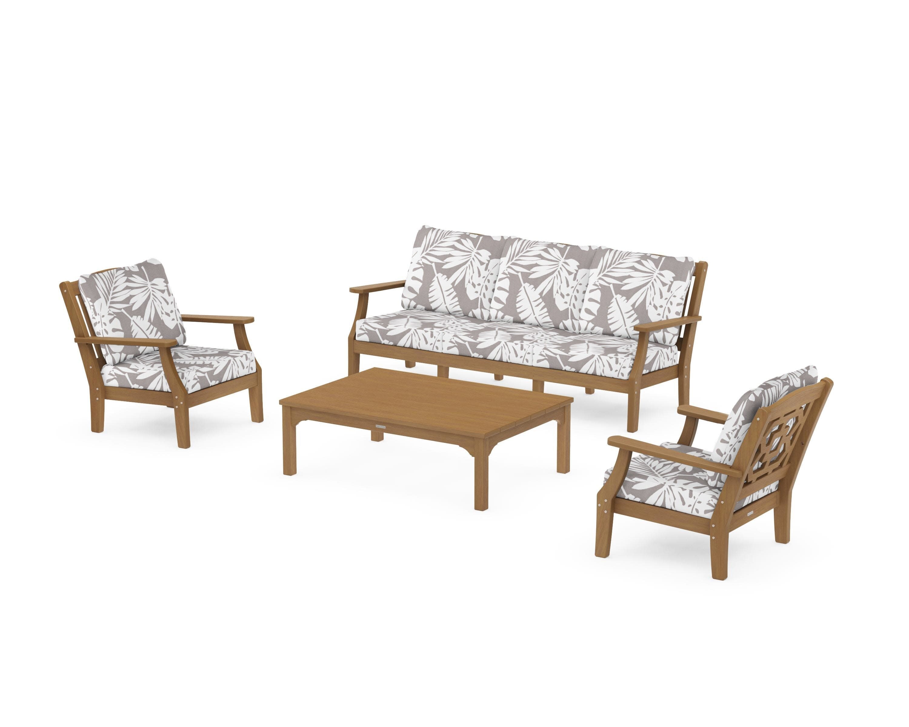 Chinoiserie 4-Piece Deep Seating Set with Sofa in Natural / Leaf Grey Mist