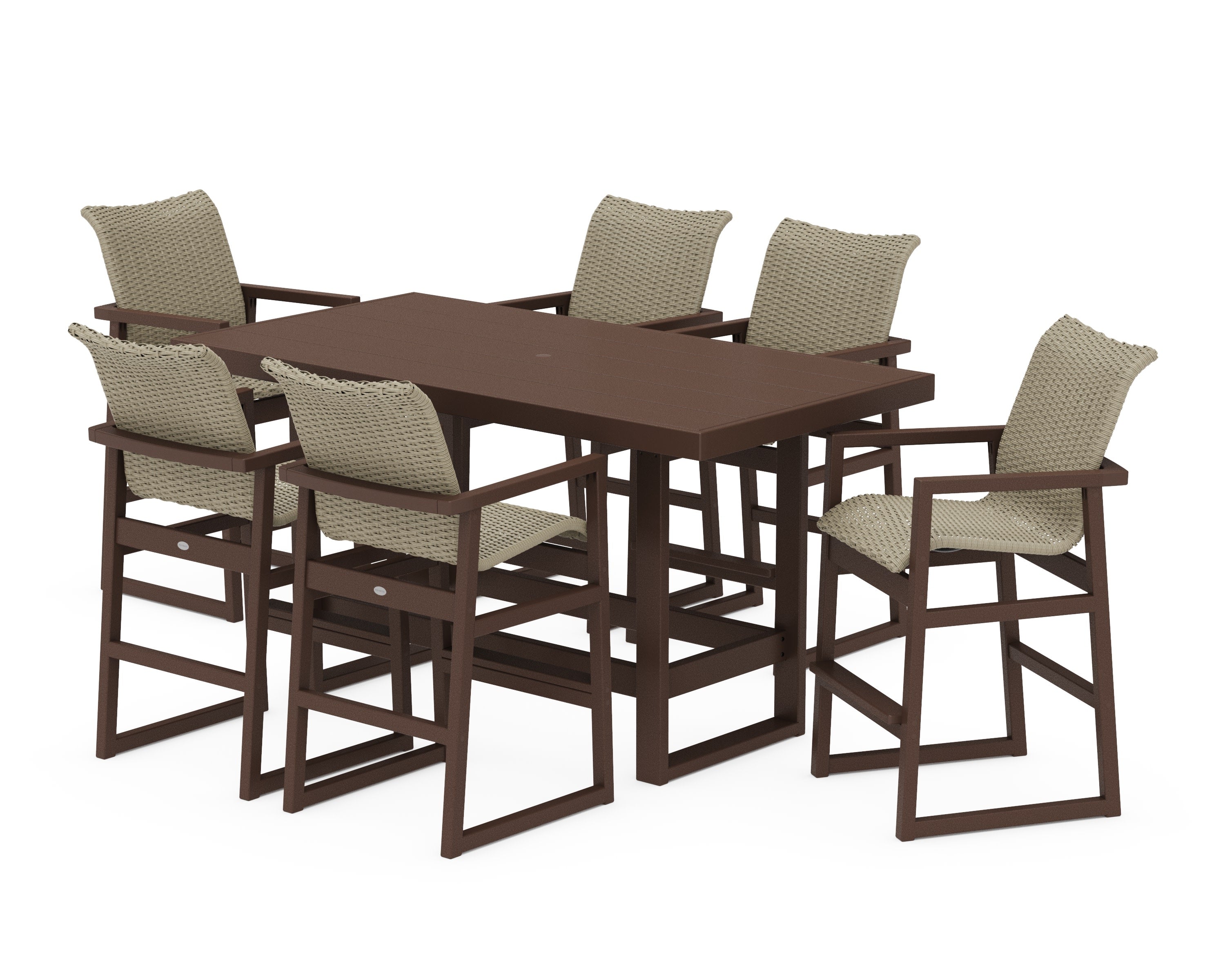 EDGE Woven Arm Chair 7-Piece Bar Set in Mahogany / Dune Grass
