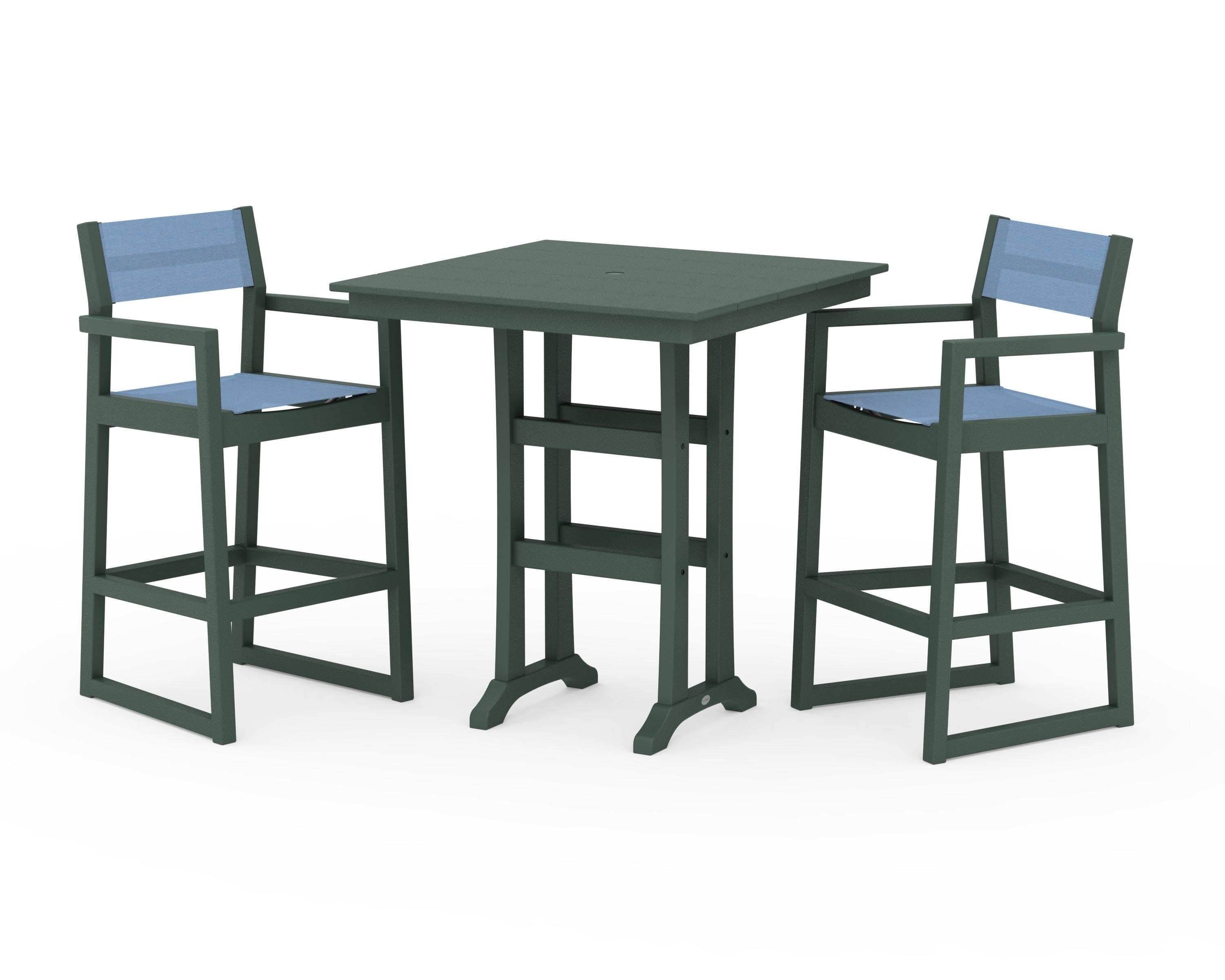 EDGE Sling Arm Chair 3-Piece Farmhouse Bar Set with Trestle Legs in Green / Poolside Sling