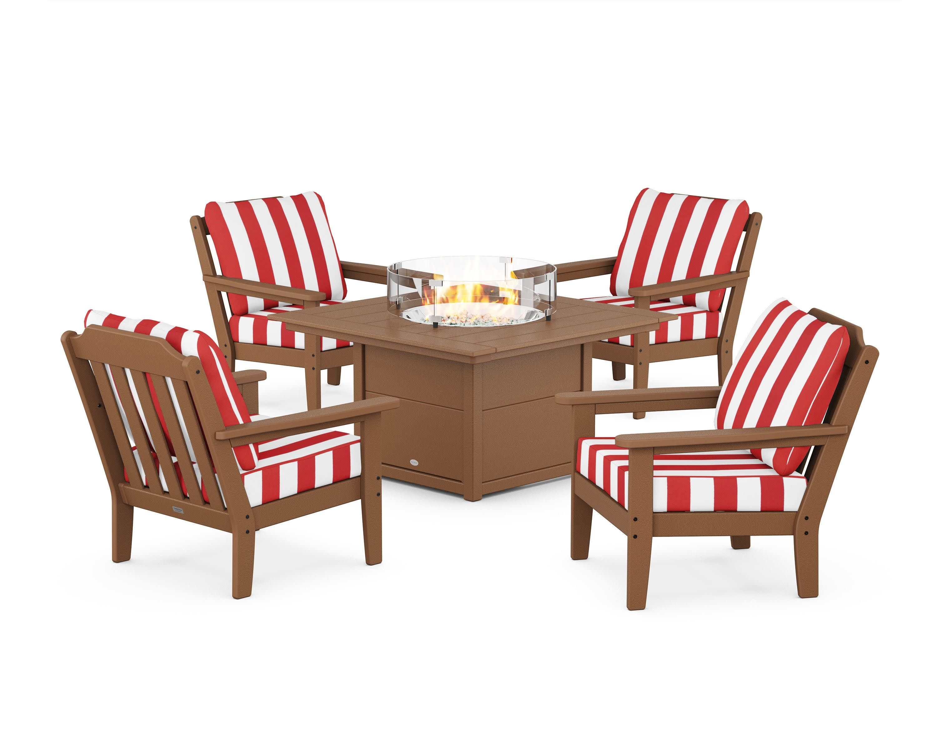 Cottage 5-Piece Deep Seating Set with Fire Pit Table in Teak / Cabana Stripe Crimson