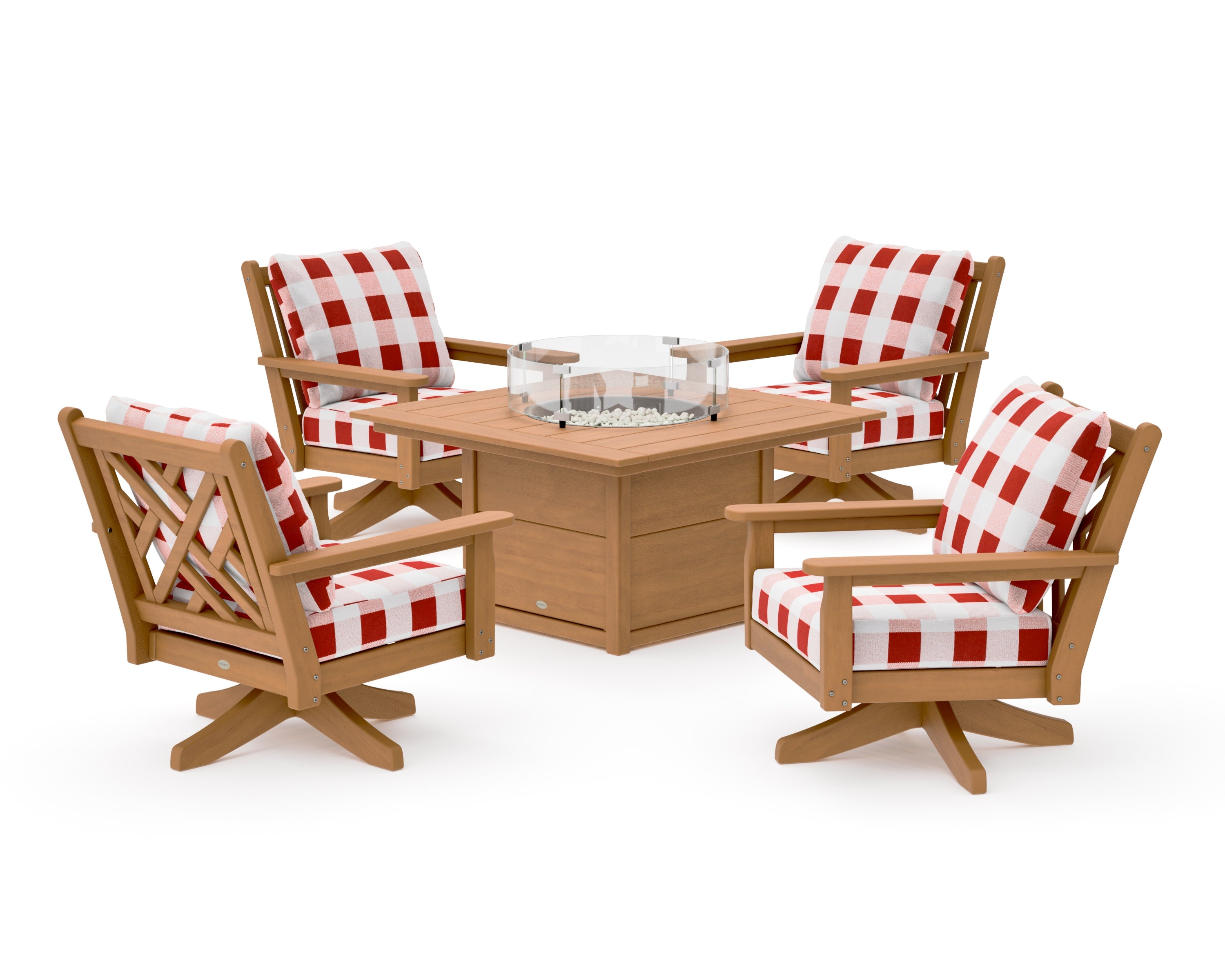Chippendale 5-Piece Deep Seating Swivel Conversation Set with Fire Pit Table in Natural / Buffalo Plaid Crimson