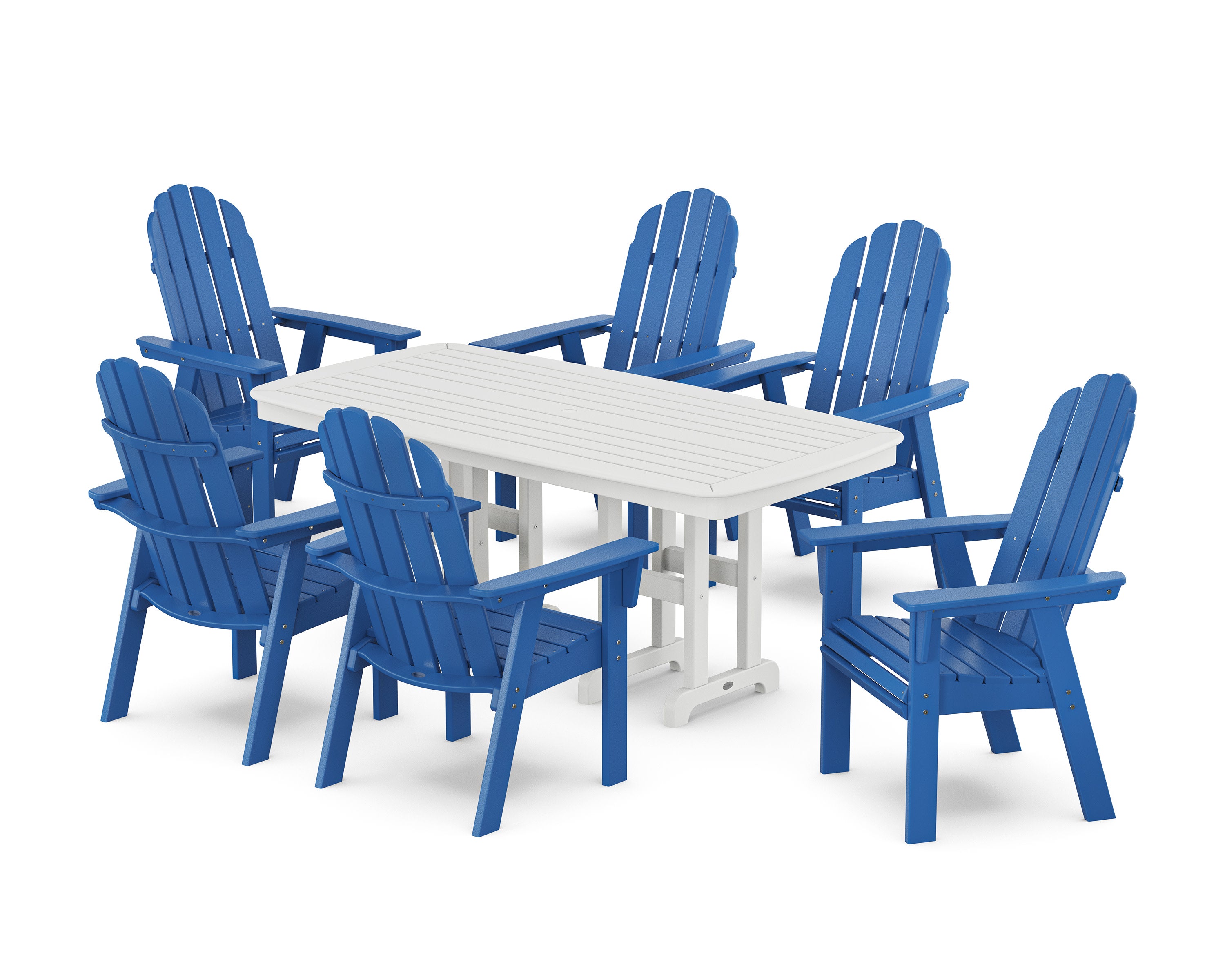Vineyard Curveback Adirondack Chair 7-Piece Dining Set in Pacific Blue / White