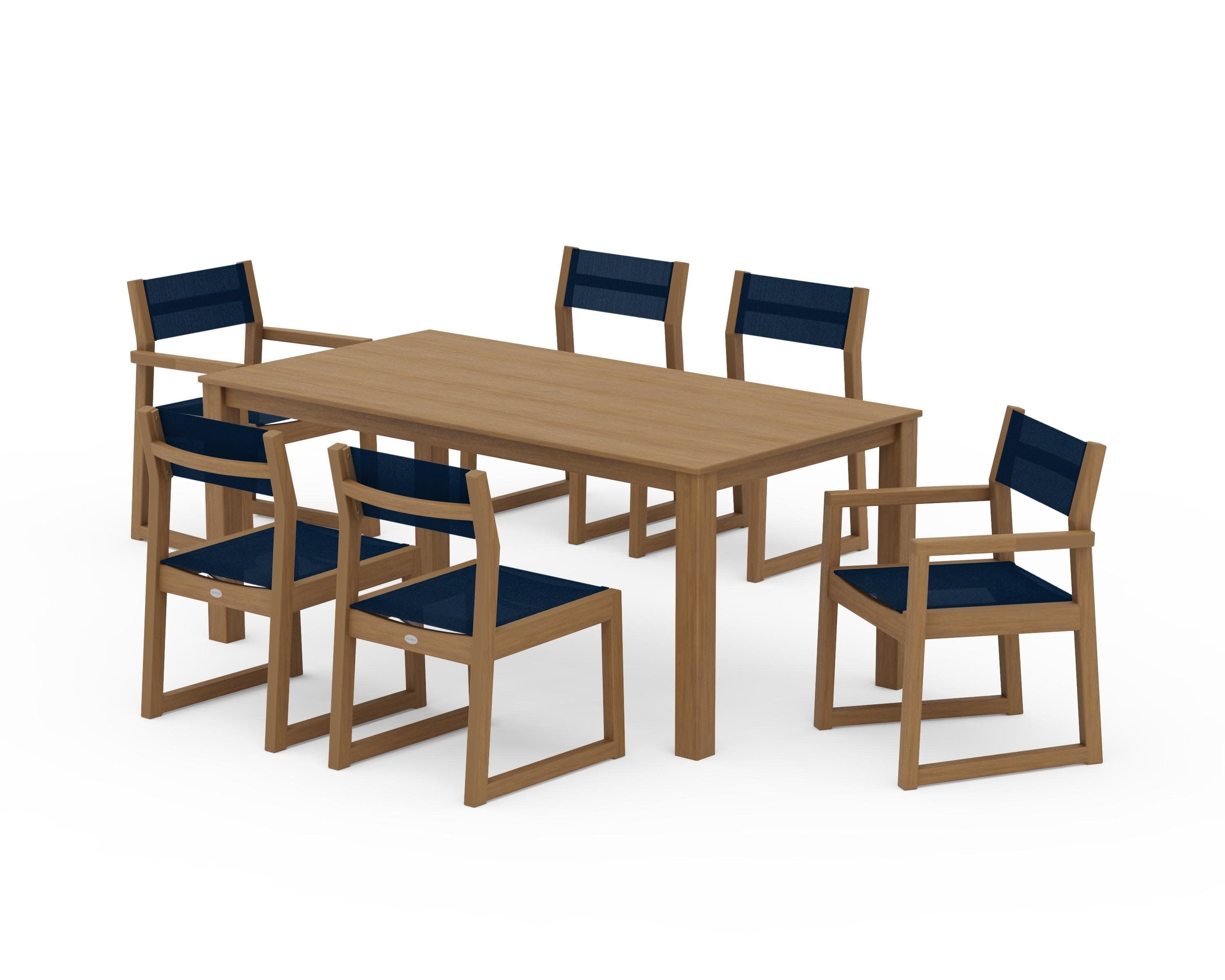EDGE Sling 7-Piece Parsons Dining Set in Natural / Navy Blue Sling