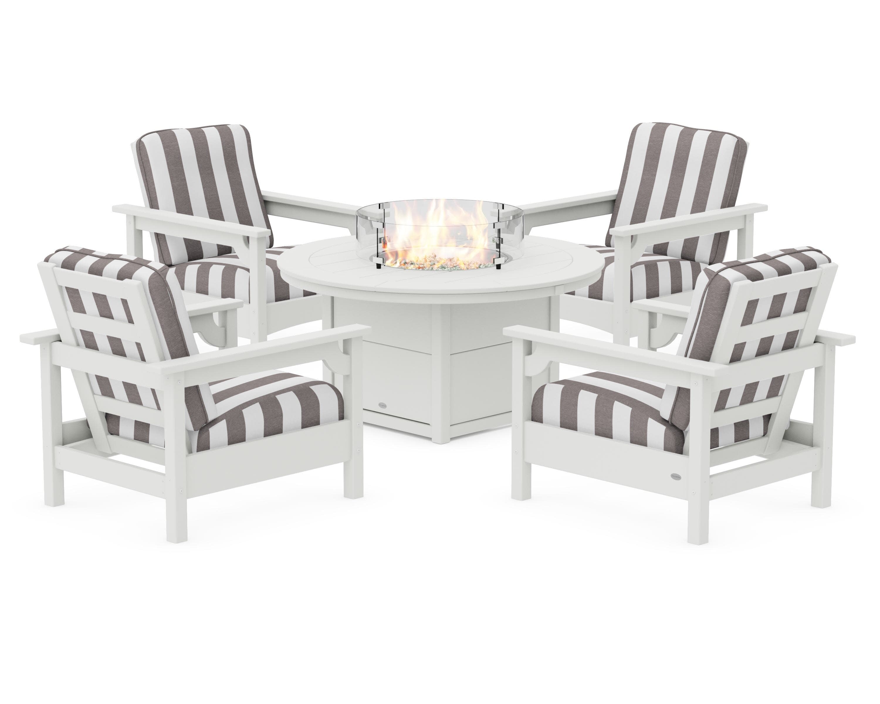 Club 5-Piece Conversation Set with Fire Pit Table in Vintage White / Cabana Stripe Grey Mist