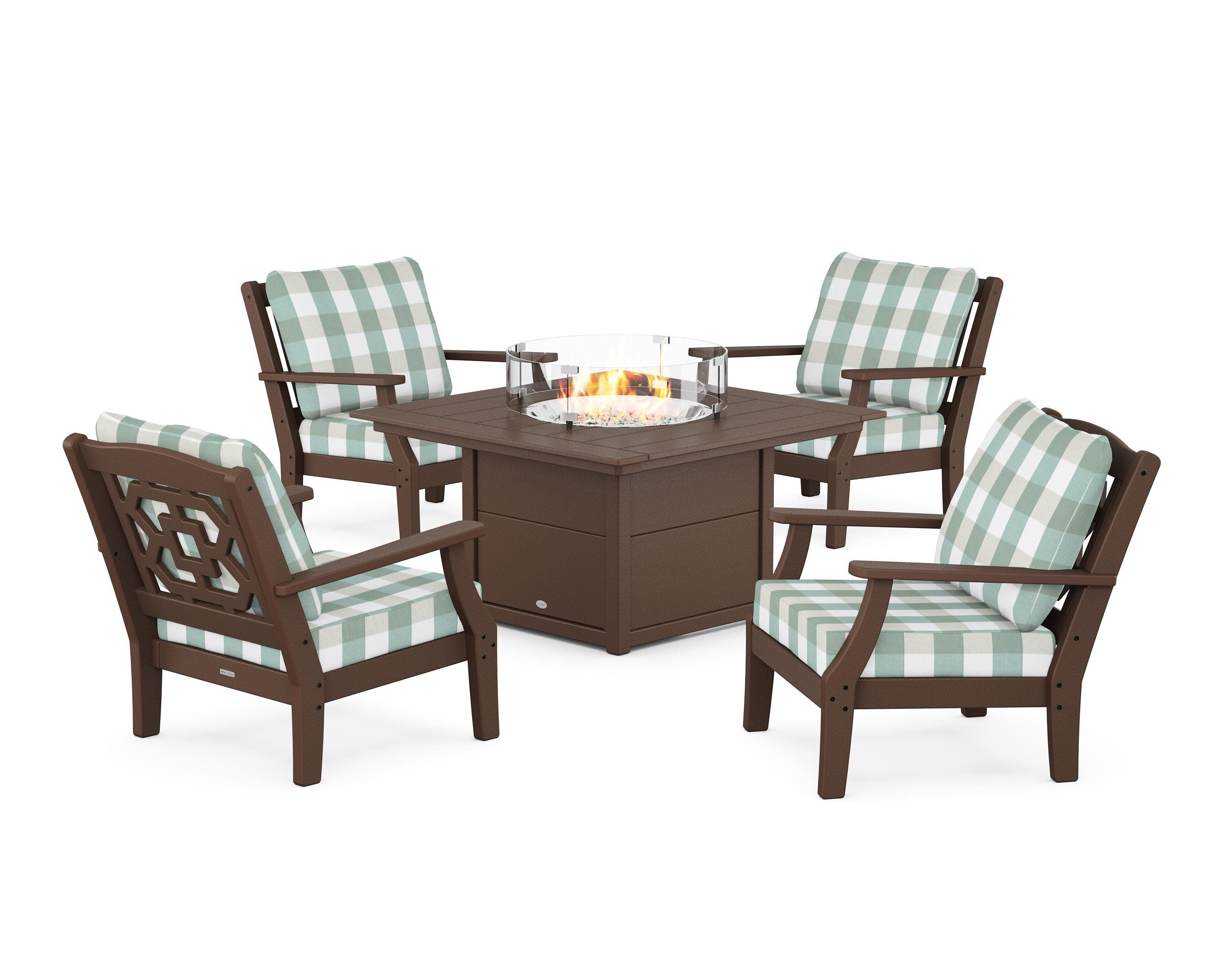 Chinoiserie 5-Piece Deep Seating Set with Fire Pit Table in Mahogany / Buffalo Plaid Glacier Spa