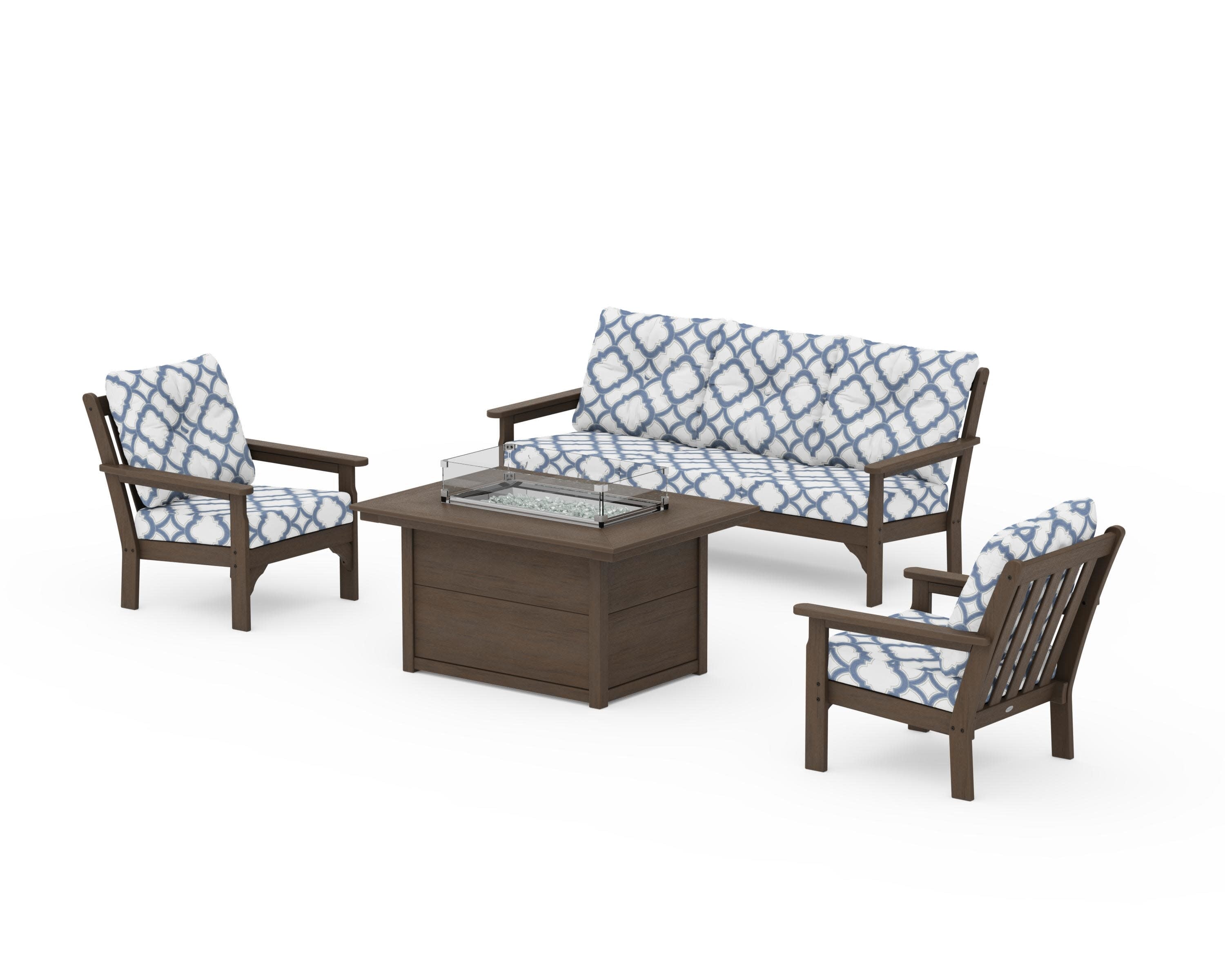 Vineyard Deep Seating Fire Pit Table Set in Kona / Trellis Sky Blue
