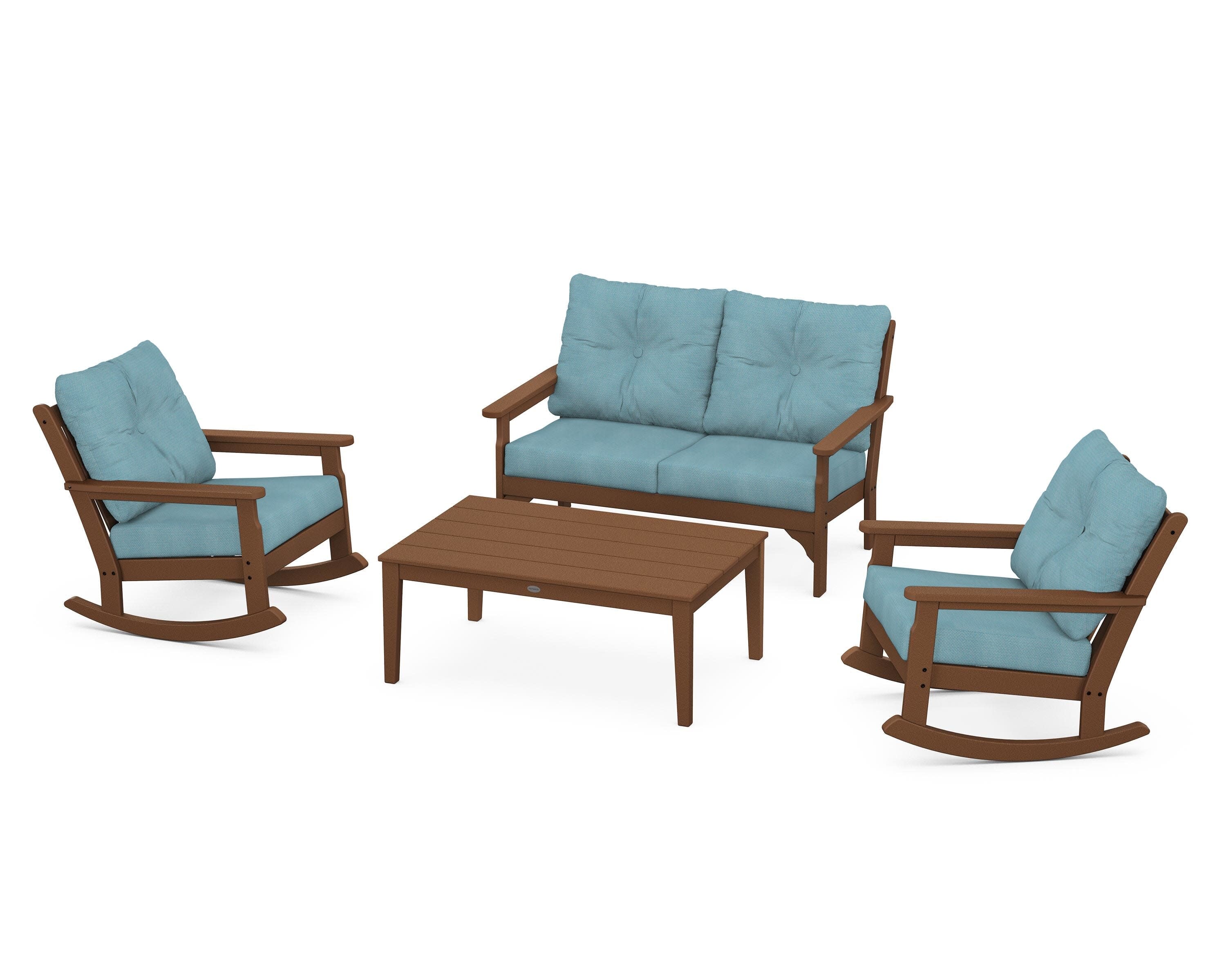 Vineyard 4-Piece Deep Seating Rocking Chair Set in Teak / Lattice Sky Blue