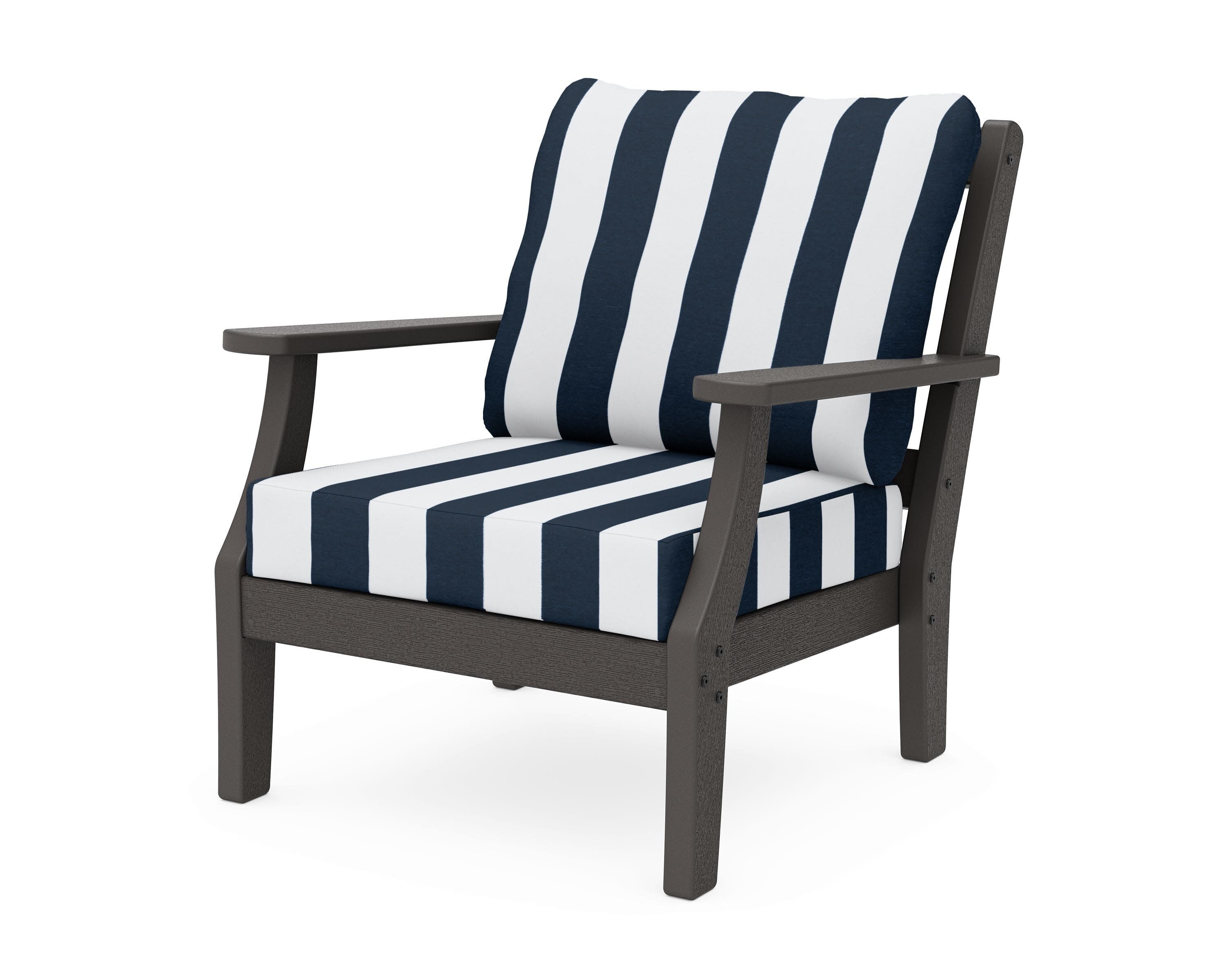 Chinoiserie Deep Seating Chair in Vintage Coffee / Cabana Stripe Marine Indigo
