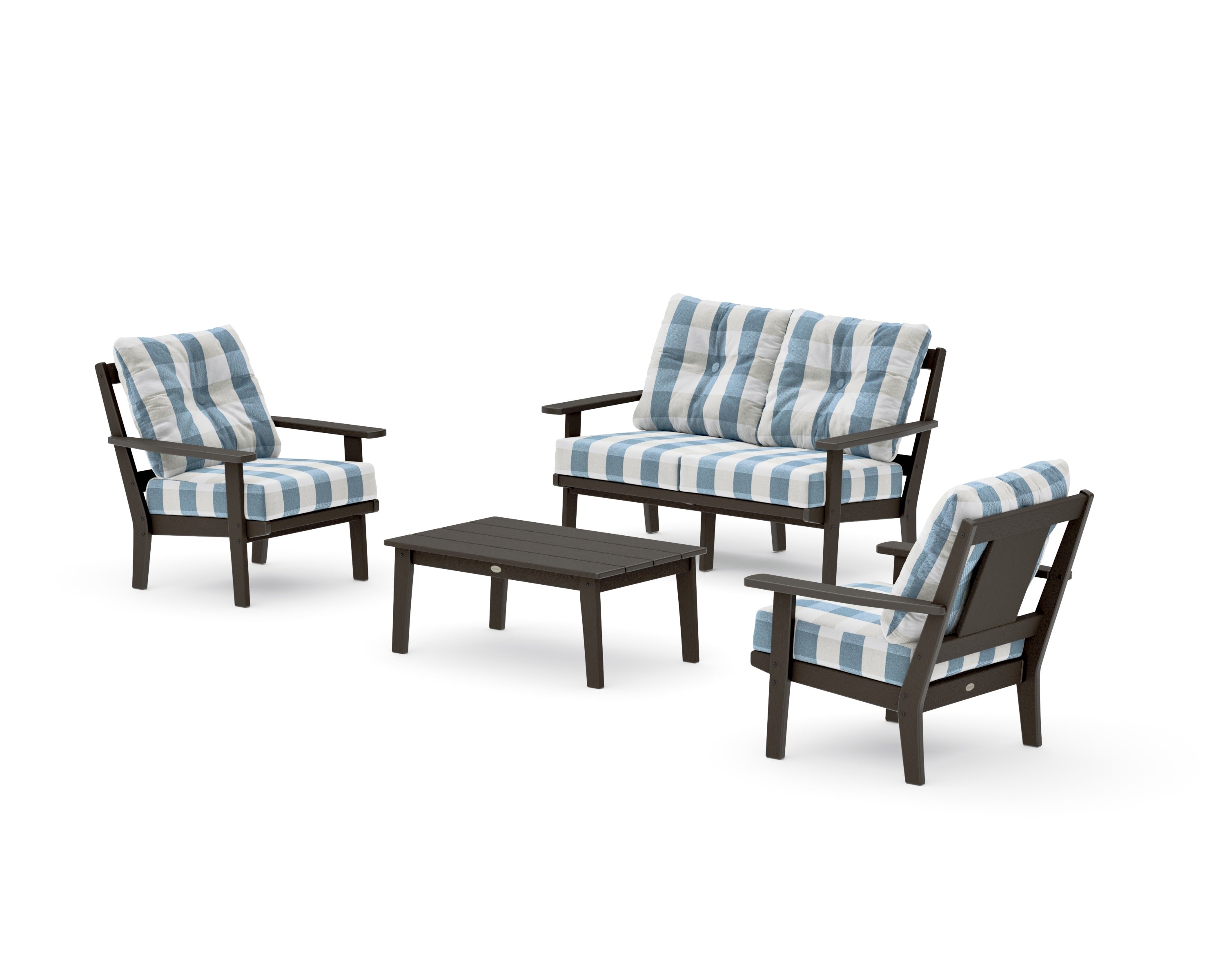 Prairie 4-Piece Deep Seating Set with Loveseat in Vintage Coffee / Buffalo Plaid Sky Blue
