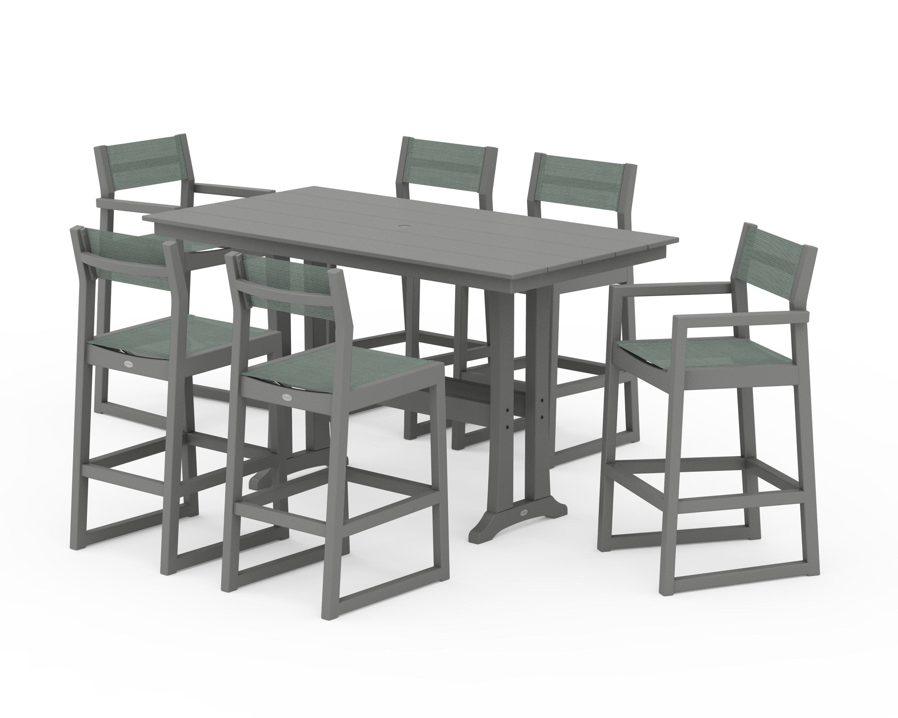 EDGE Sling 7-Piece Farmhouse Bar Set with Trestle Legs in Slate Grey / Dupioni Sea Mist Sling