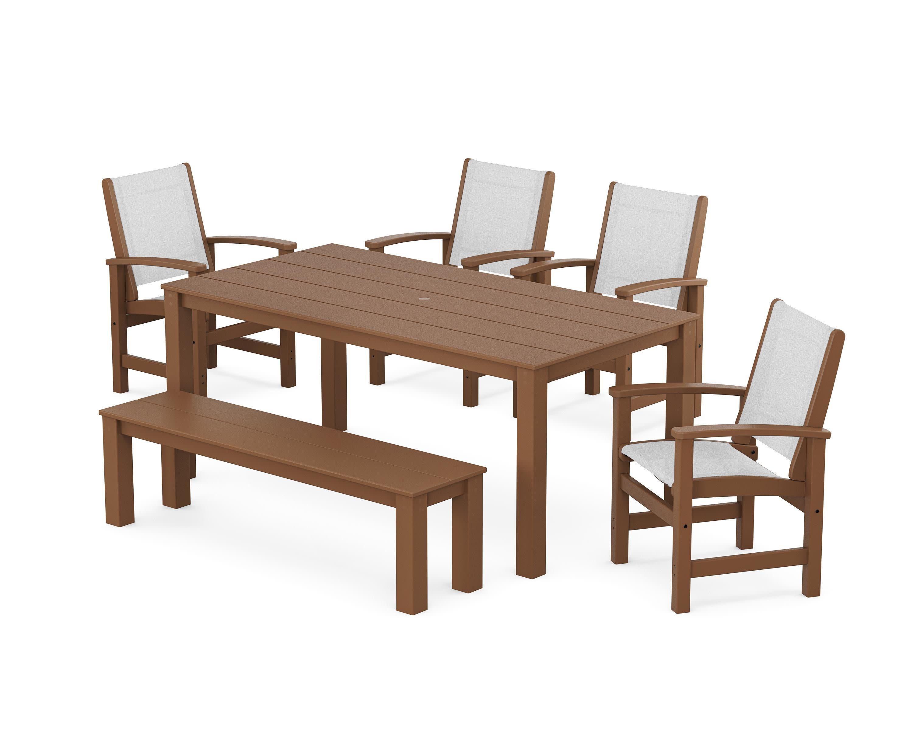 Coastal 6-Piece Parsons Dining Set with Bench in Teak / White Sling