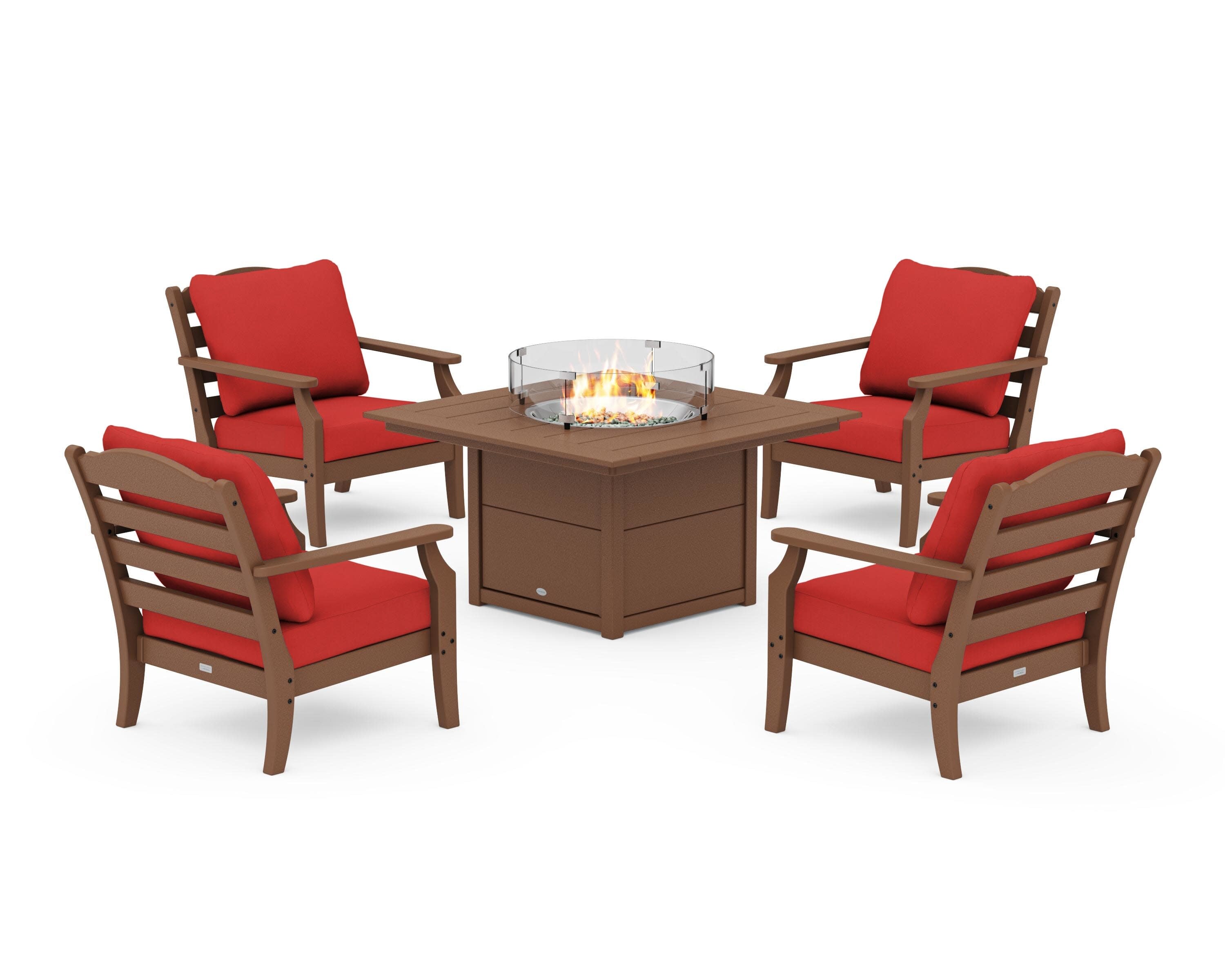 Savannah 5-Piece Deep Seating Set with Fire Pit Table in Teak / Crimson Linen
