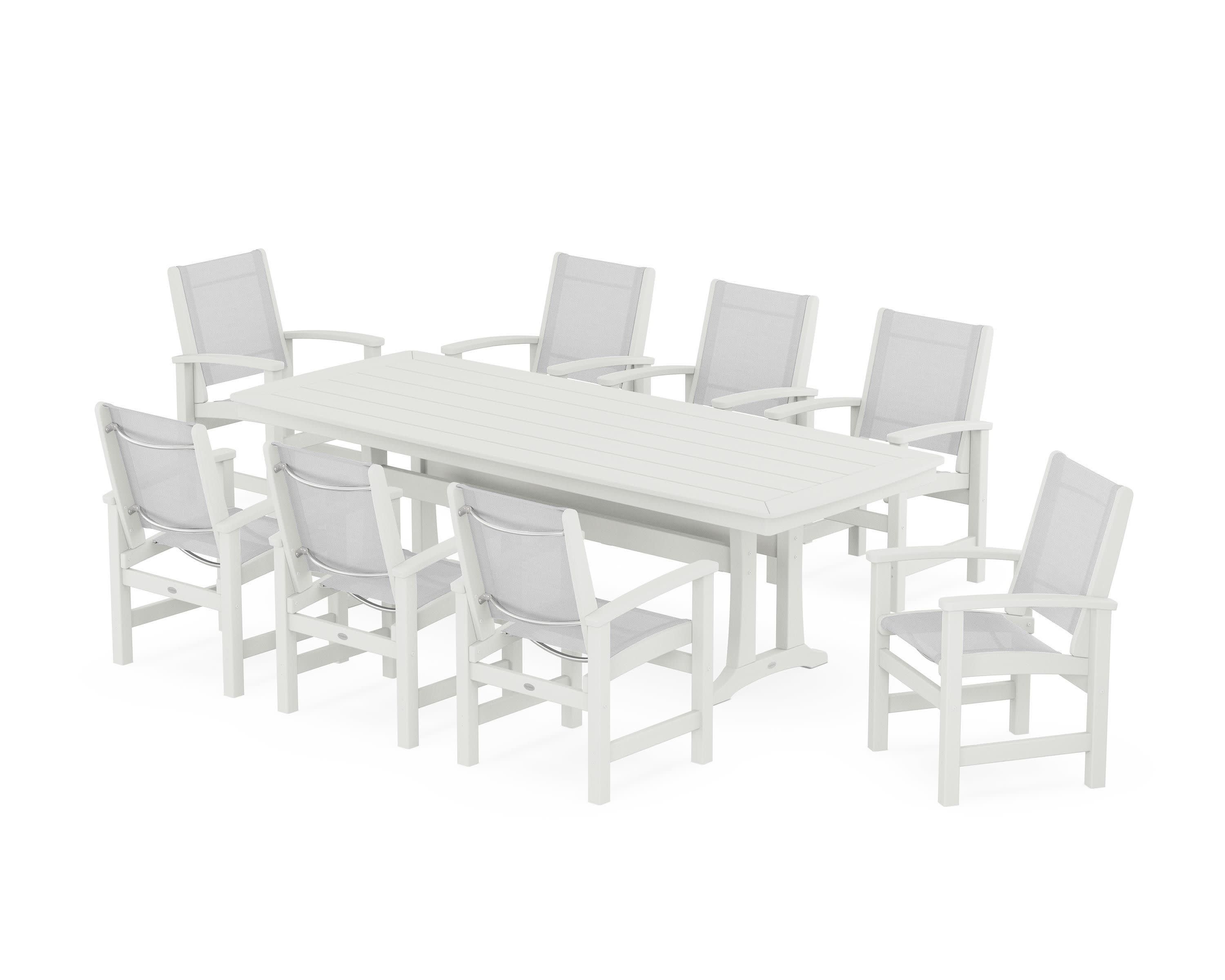 Coastal 9-Piece Dining Set with Trestle Legs in Vintage White / White Sling