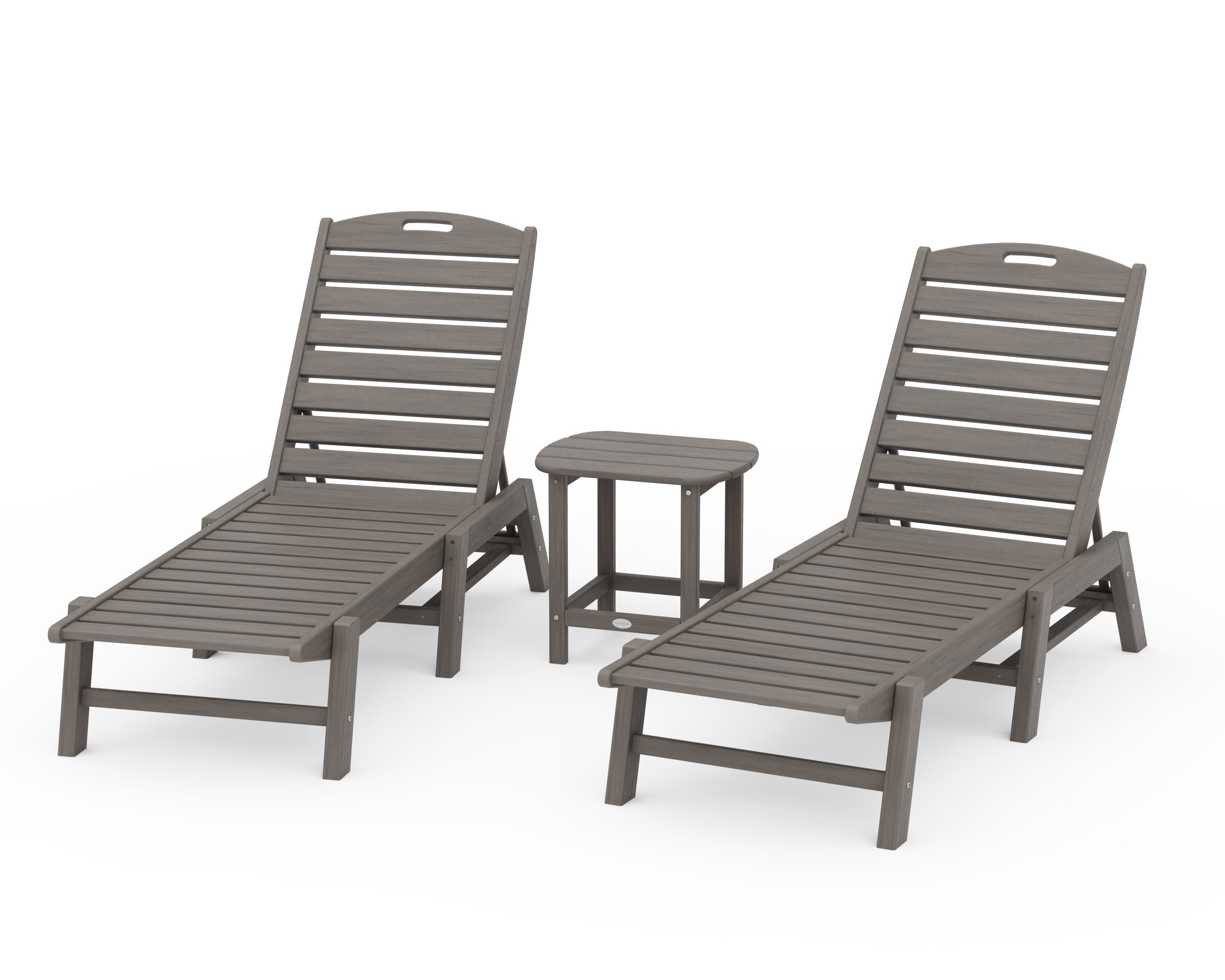 Nautical 3-Piece Chaise Lounge Set with South Beach 18" Side Table in Driftwood