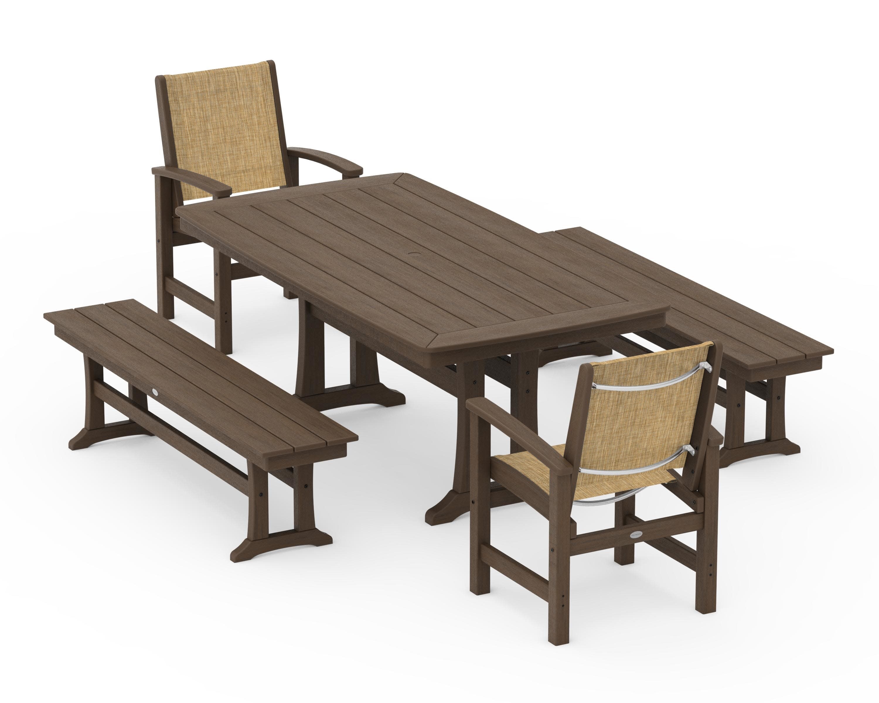 Coastal 5-Piece Dining Set with Trestle Legs and Benches in Kona / Burlap Sling