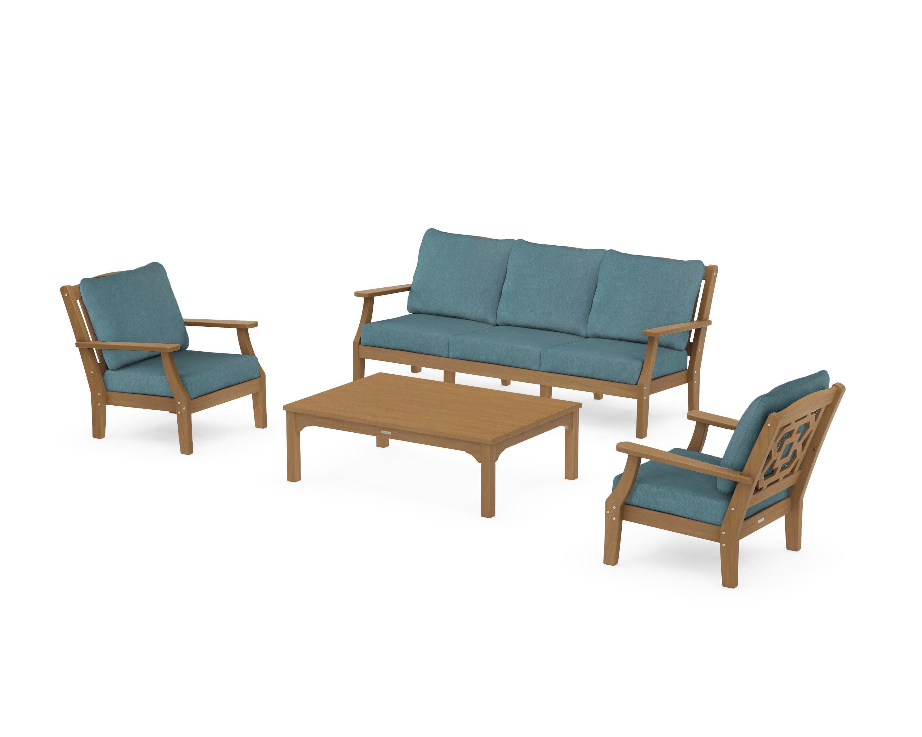 Chinoiserie 4-Piece Deep Seating Set with Sofa in Natural / Ocean Teal