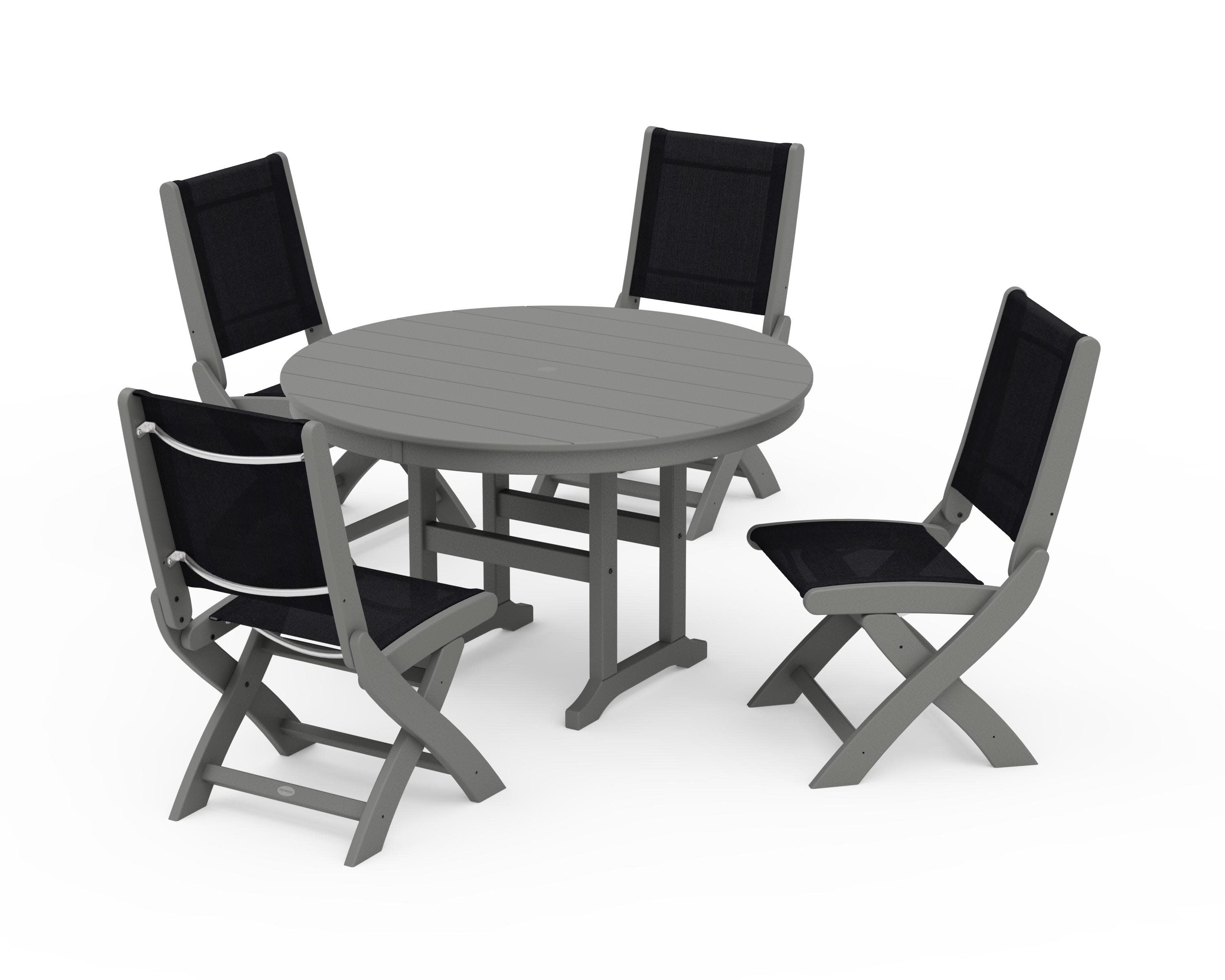 Coastal Folding Side Chair 5-Piece Round Dining Set in Slate Grey / Black Sling