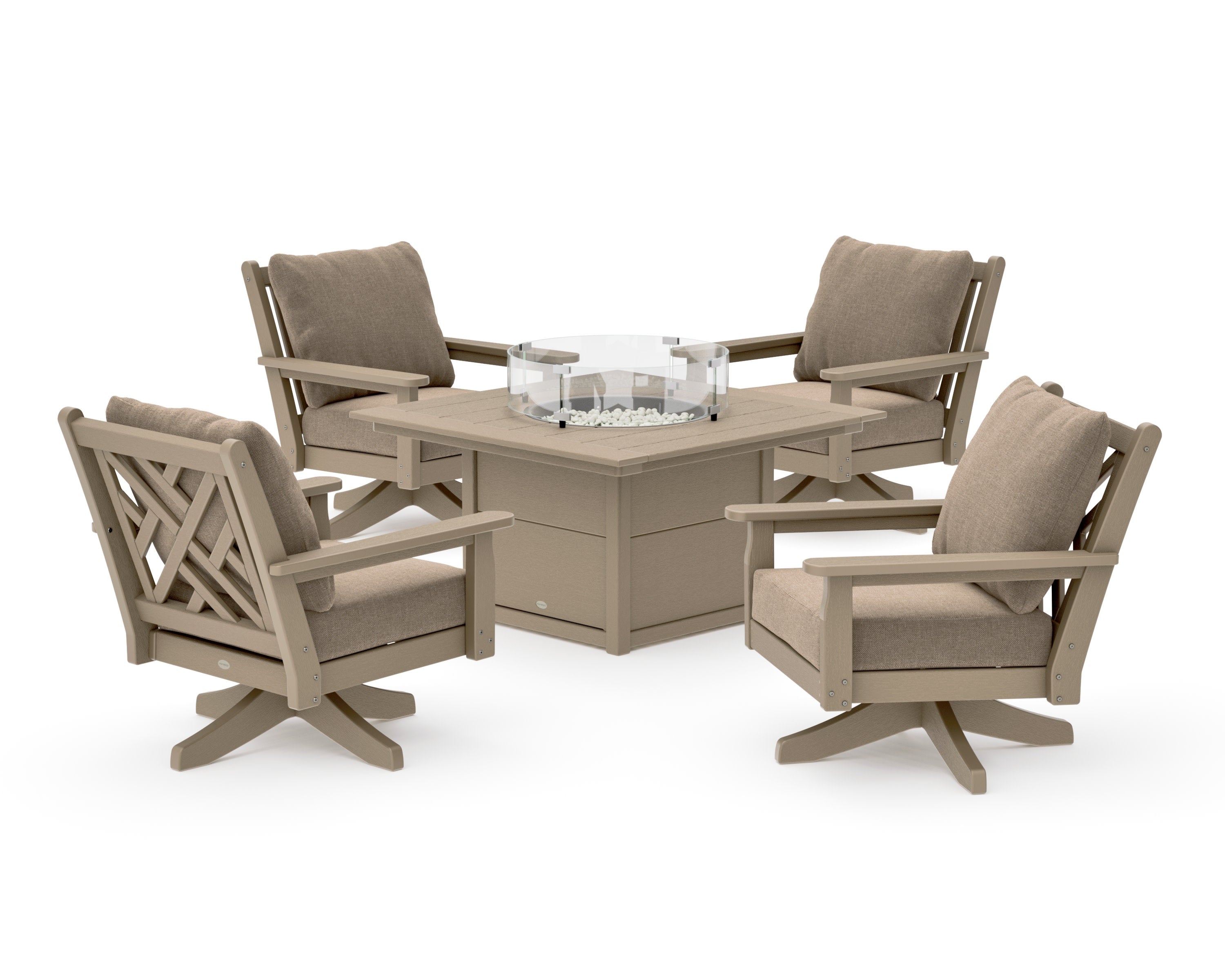 Chippendale 5-Piece Deep Seating Swivel Conversation Set with Fire Pit Table in Vintage Sahara / Spiced Burlap