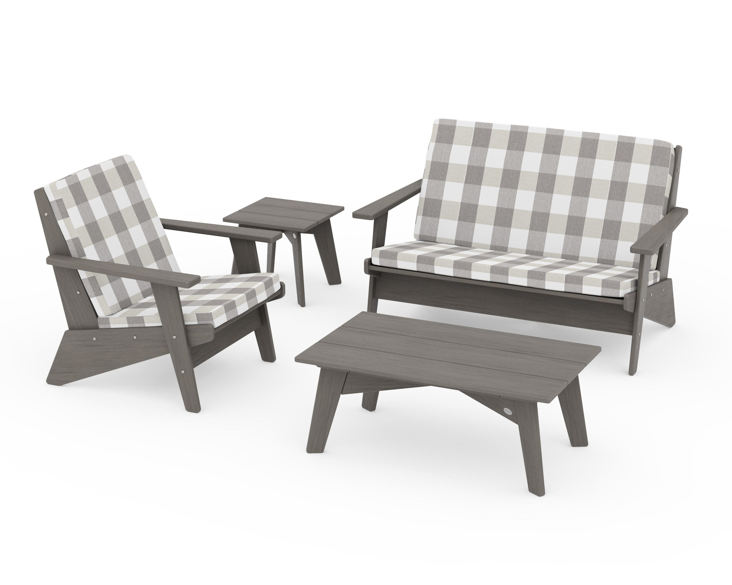 Riviera Modern Lounge 4-Piece Set in Driftwood / Buffalo Plaid Grey Mist