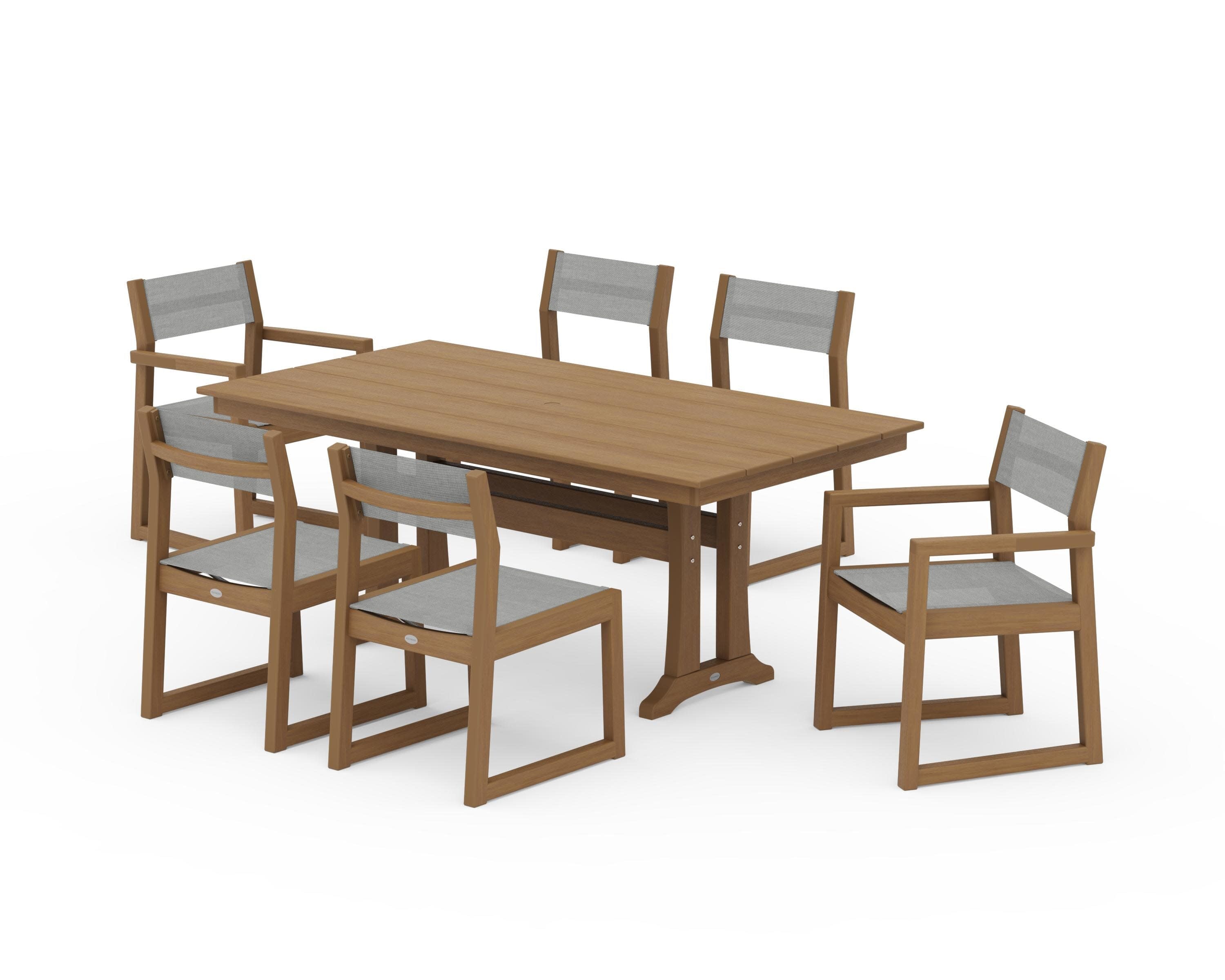 EDGE Sling 7-Piece Farmhouse Trestle Dining Set in Natural / Metallic Sling