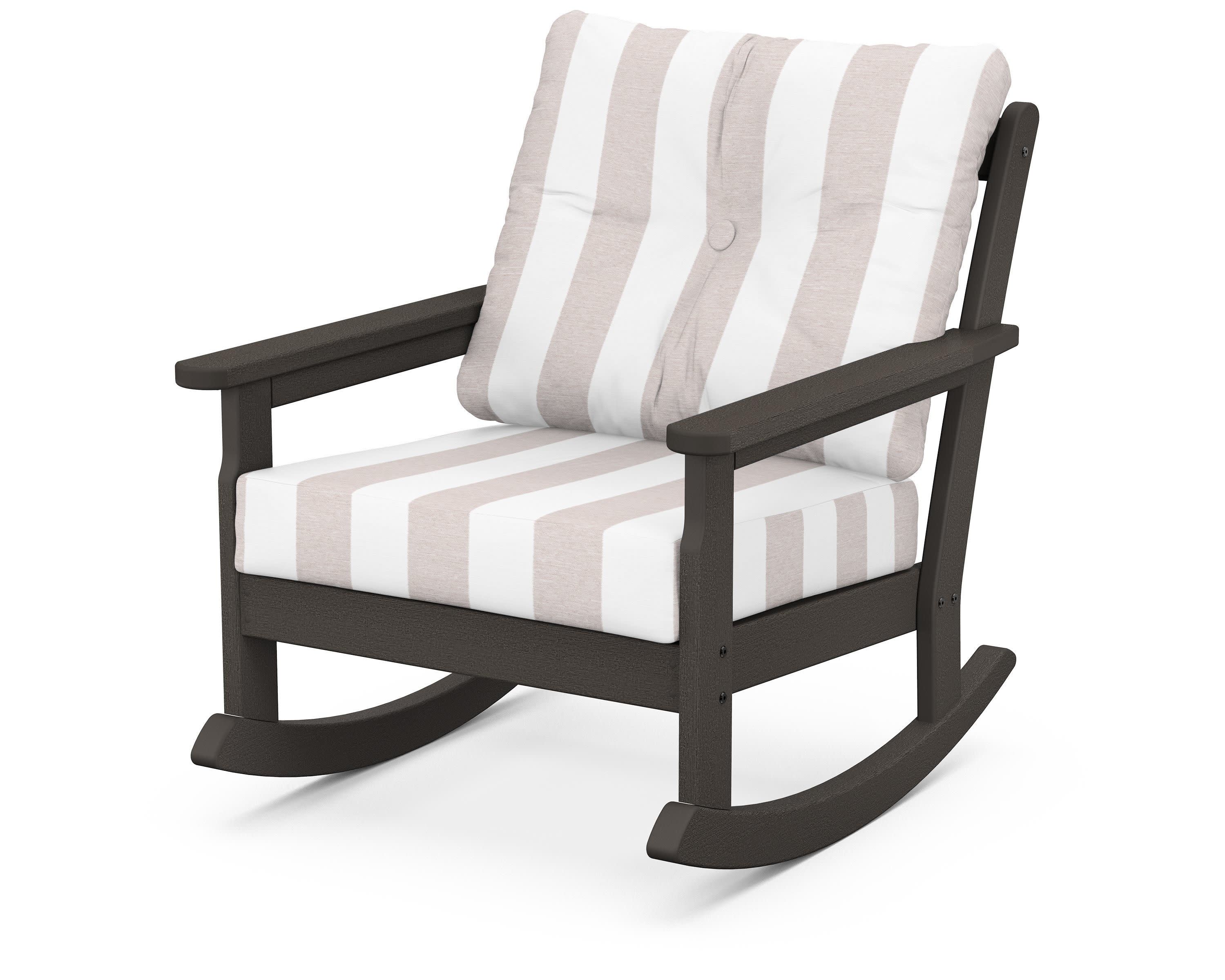Vineyard Deep Seating Rocking Chair in Vintage Coffee / Cabana Stripe Dune Burlap
