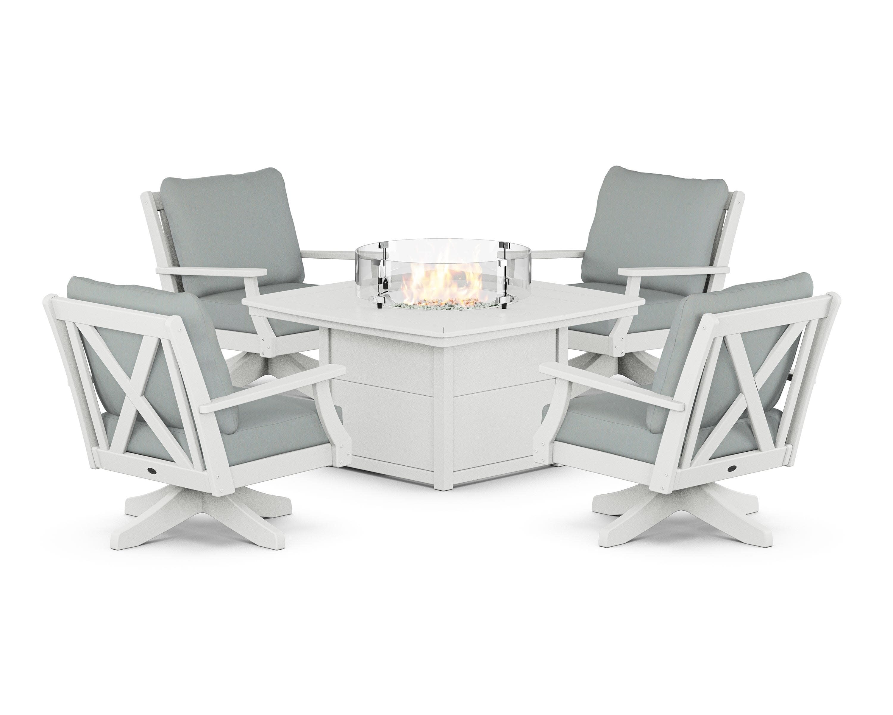Braxton 5-Piece Deep Seating Swivel Conversation Set with Fire Pit Table in White / Spa