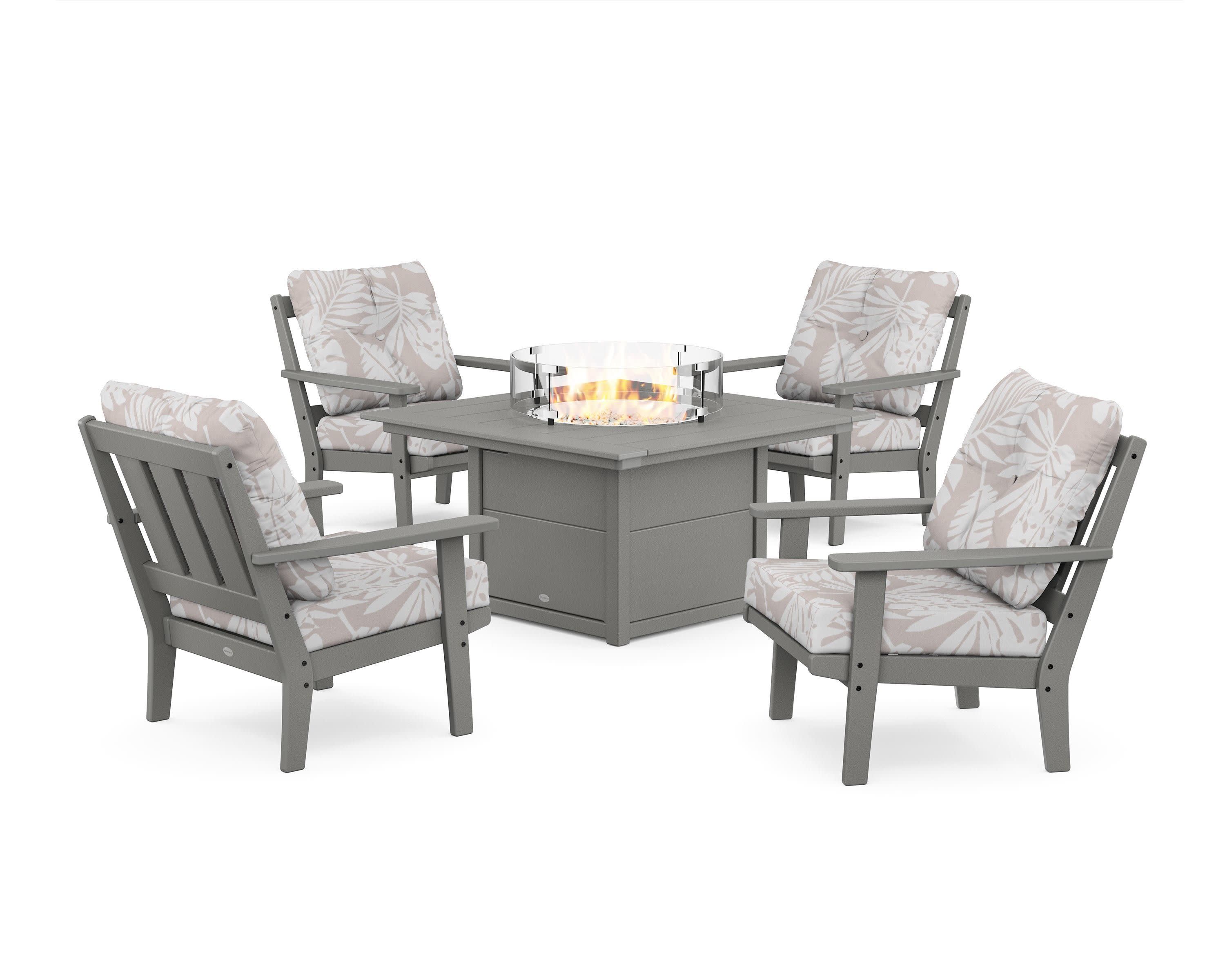 Oxford 5-Piece Deep Seating Set with Fire Pit Table in Slate Grey / Leaf Dune Burlap