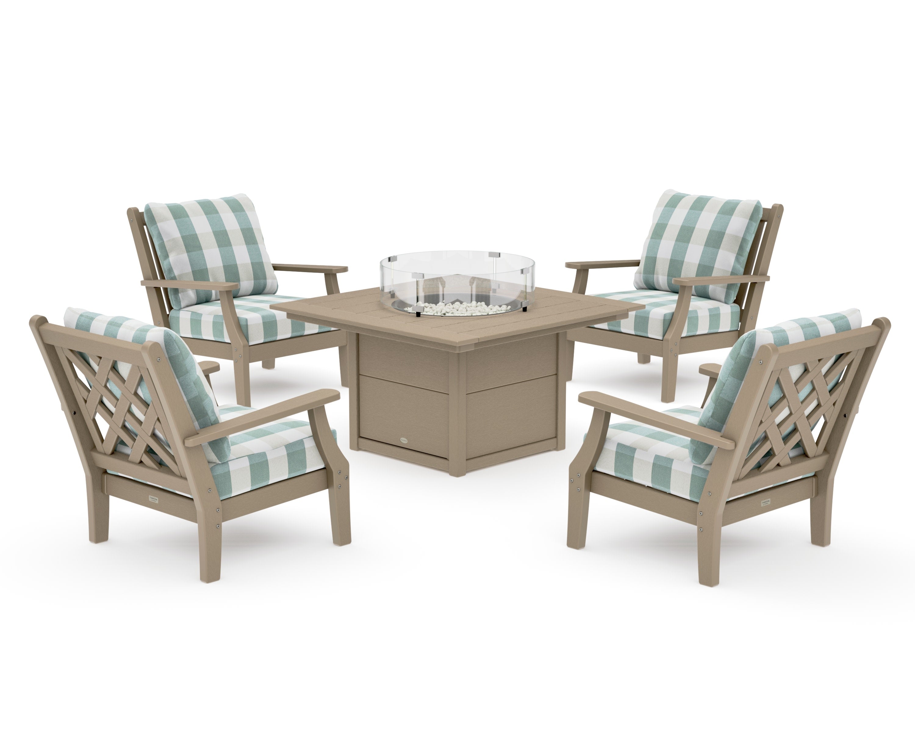 Wovendale 5-Piece Deep Seating Set with Fire Pit Table in Vintage Sahara / Buffalo Plaid Glacier Spa