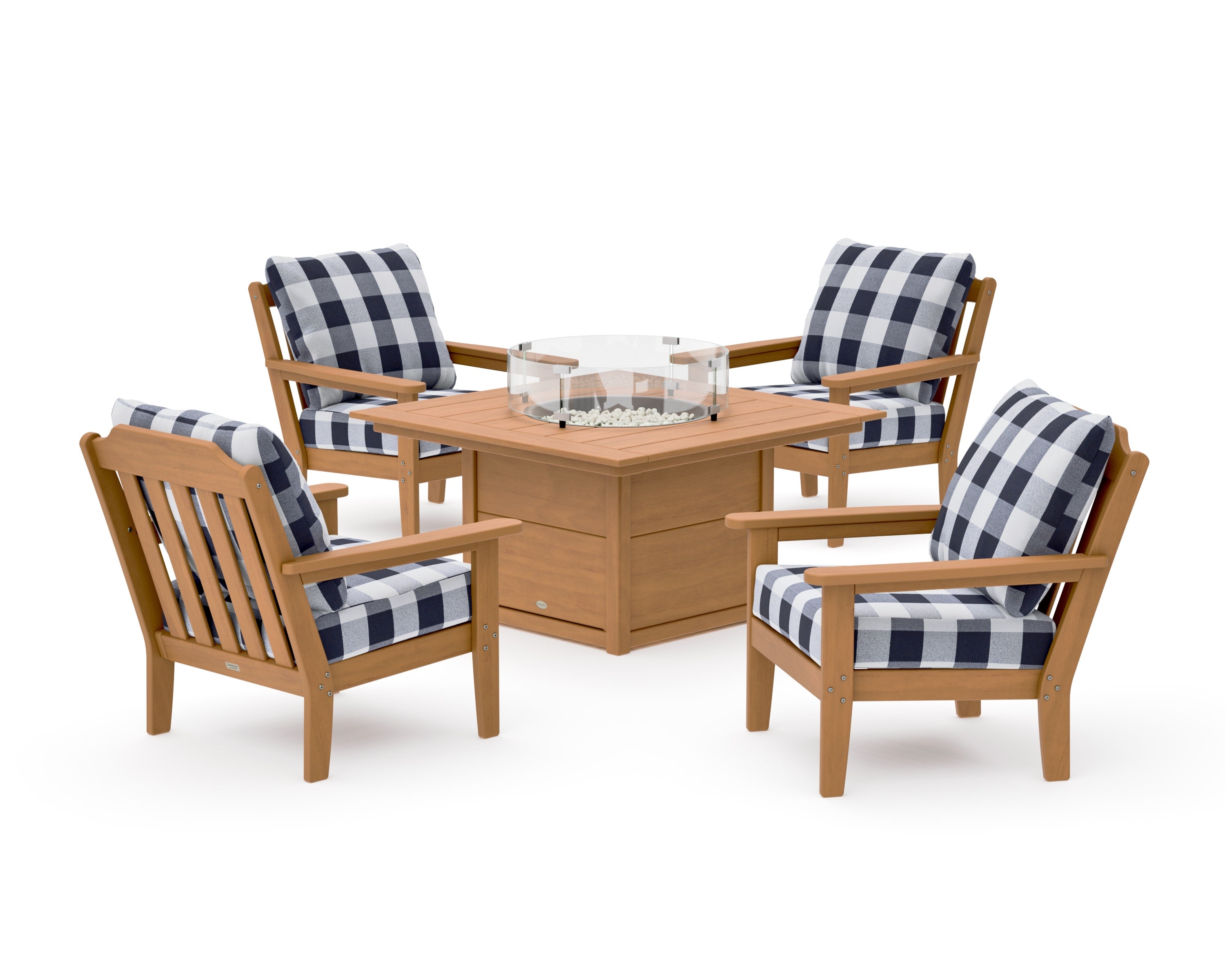 Cottage 5-Piece Deep Seating Set with Fire Pit Table in Natural / Buffalo Plaid Navy