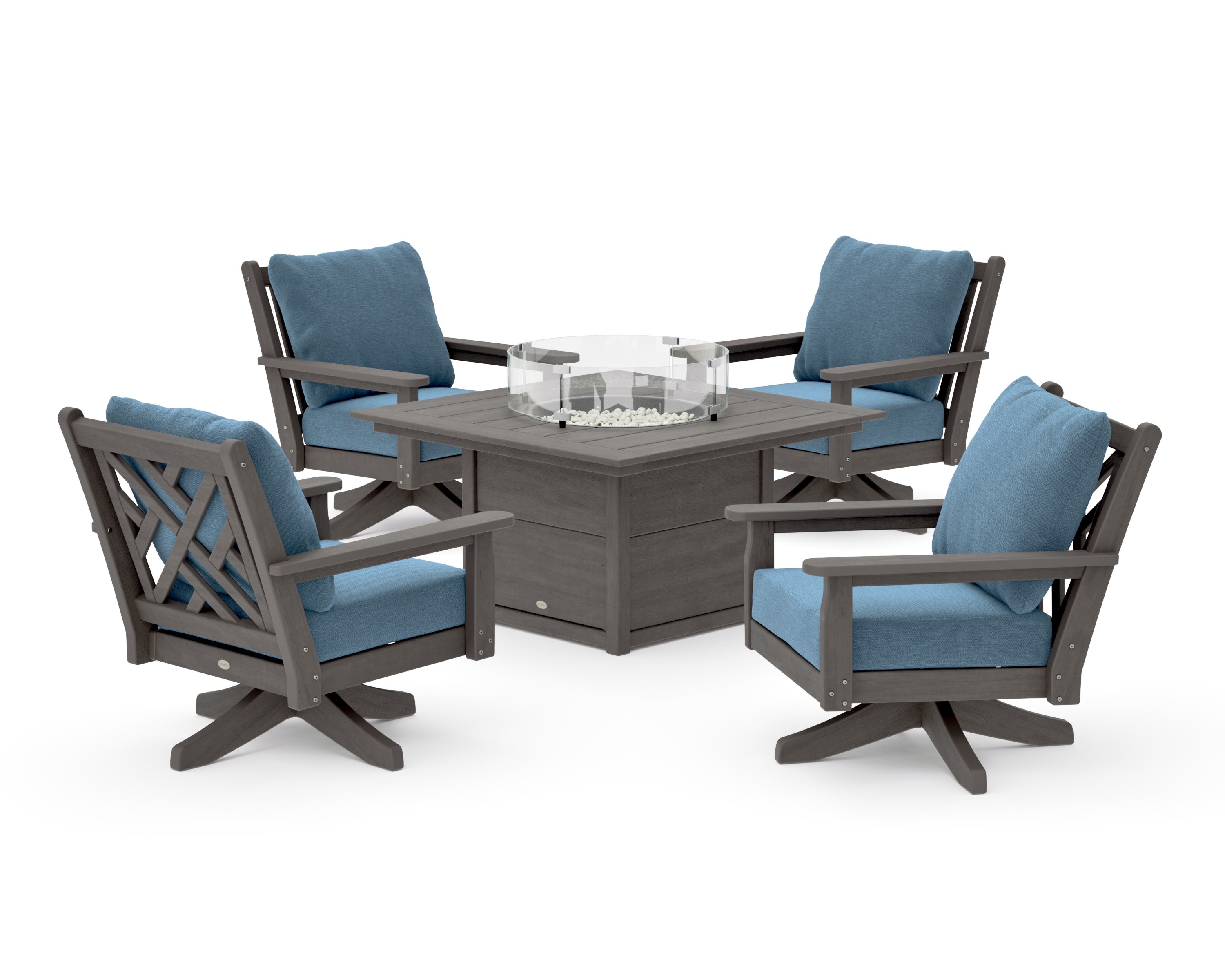 Chippendale 5-Piece Deep Seating Swivel Conversation Set with Fire Pit Table in Driftwood / Sky Blue