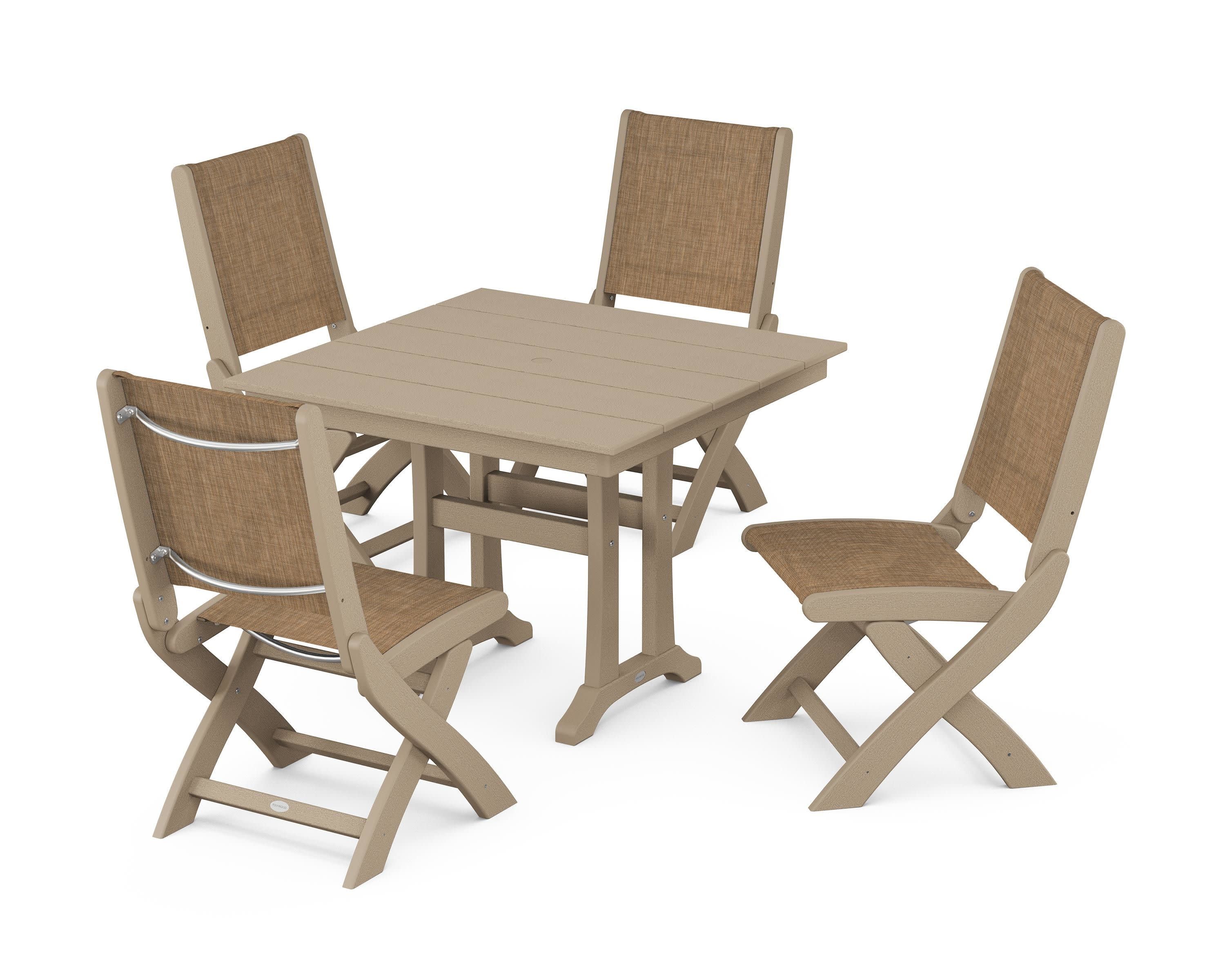Coastal Folding Side Chair 5-Piece Farmhouse Dining Set With Trestle Legs in Vintage Sahara / Burlap Sling