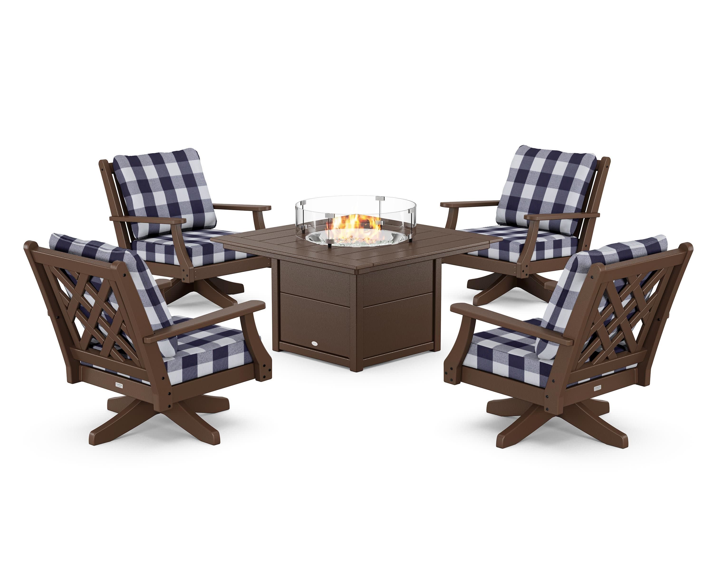 Wovendale 5-Piece Deep Seating Swivel Conversation Set with Fire Pit Table in Mahogany / Buffalo Plaid Navy