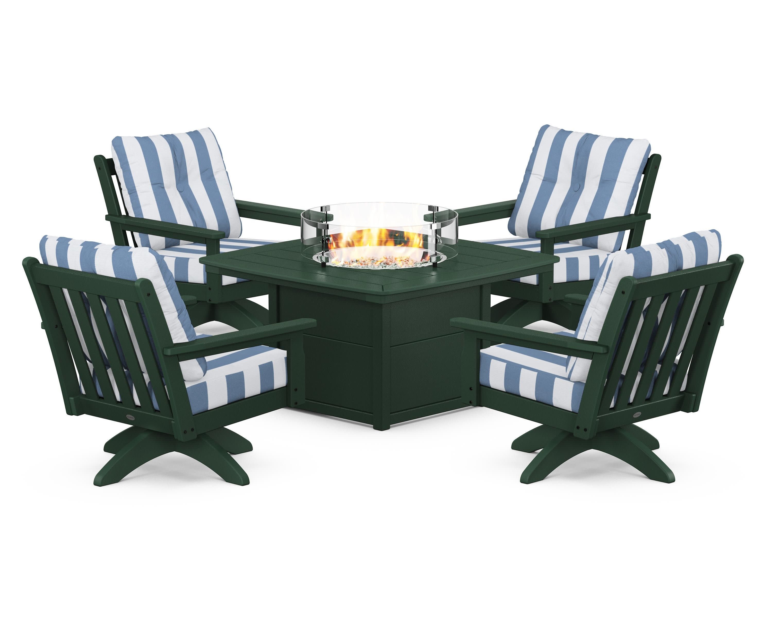Vineyard 5-Piece Deep Seating Swivel Conversation Set with Fire Pit Table in Green / Cabana Stripe Sky Blue
