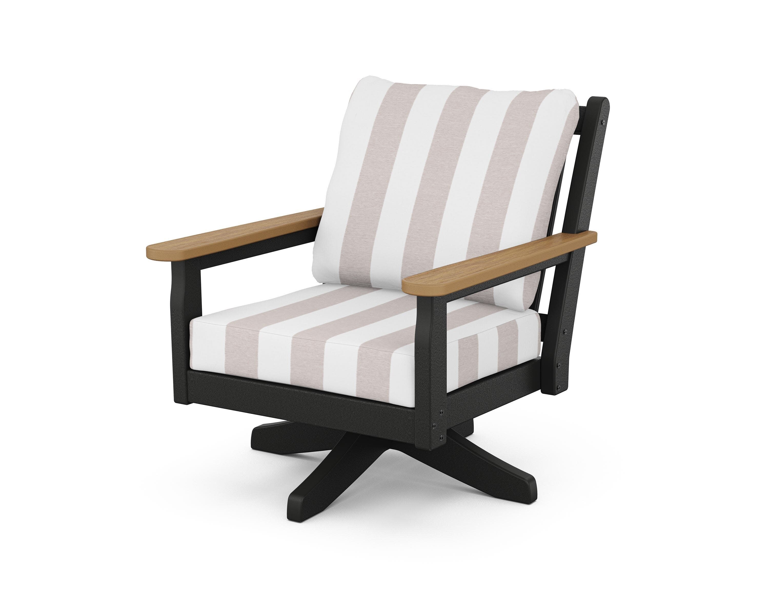 Chippendale Deep Seating Swivel Chair in Black / Natural / Cabana Stripe Dune Burlap