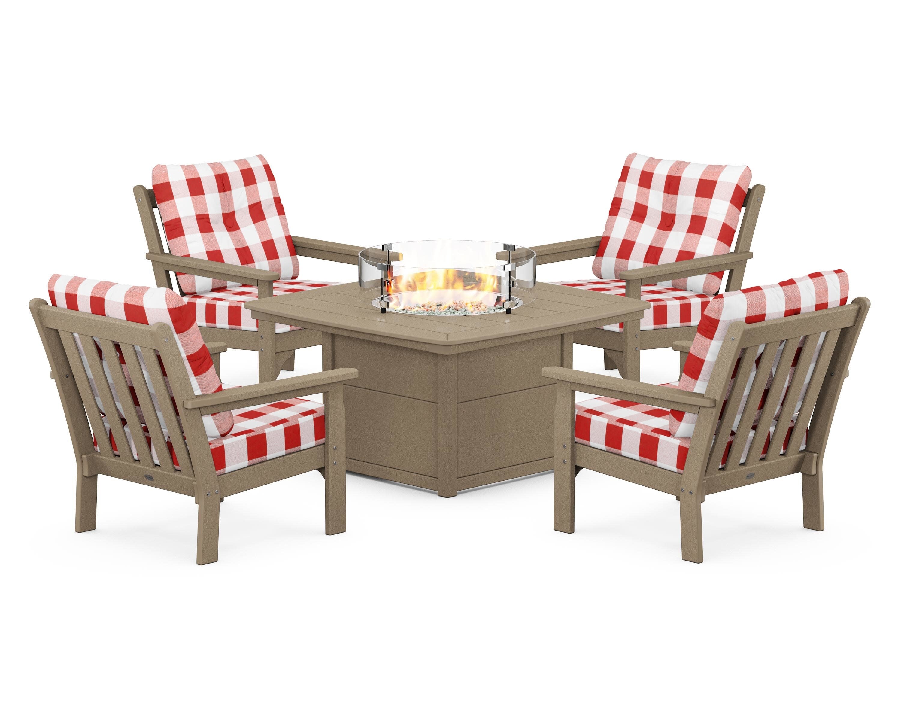Vineyard 5-Piece Conversation Set with Fire Pit Table in Vintage Sahara / Buffalo Plaid Crimson
