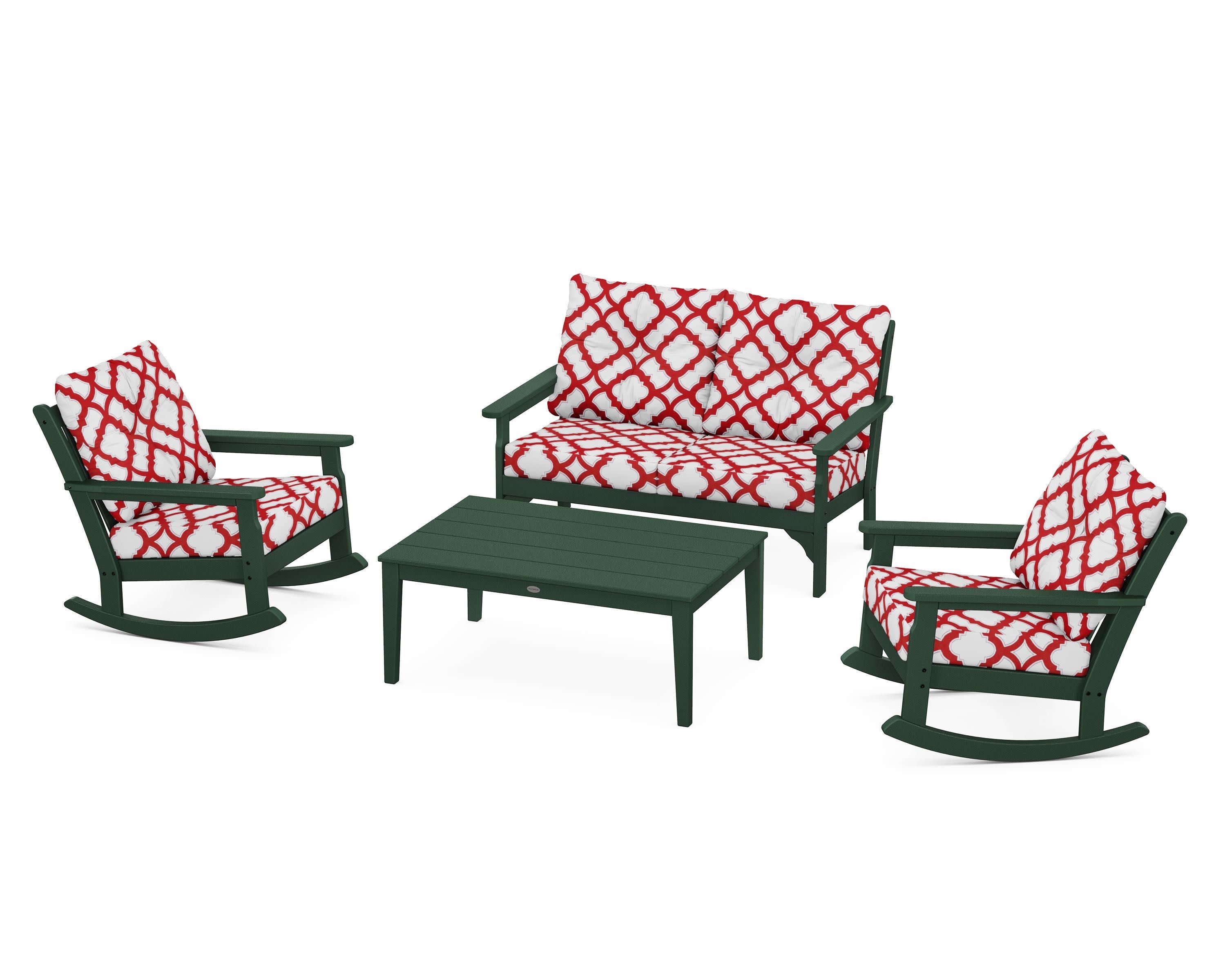 Vineyard 4-Piece Deep Seating Rocking Chair Set in Green / Trellis Crimson