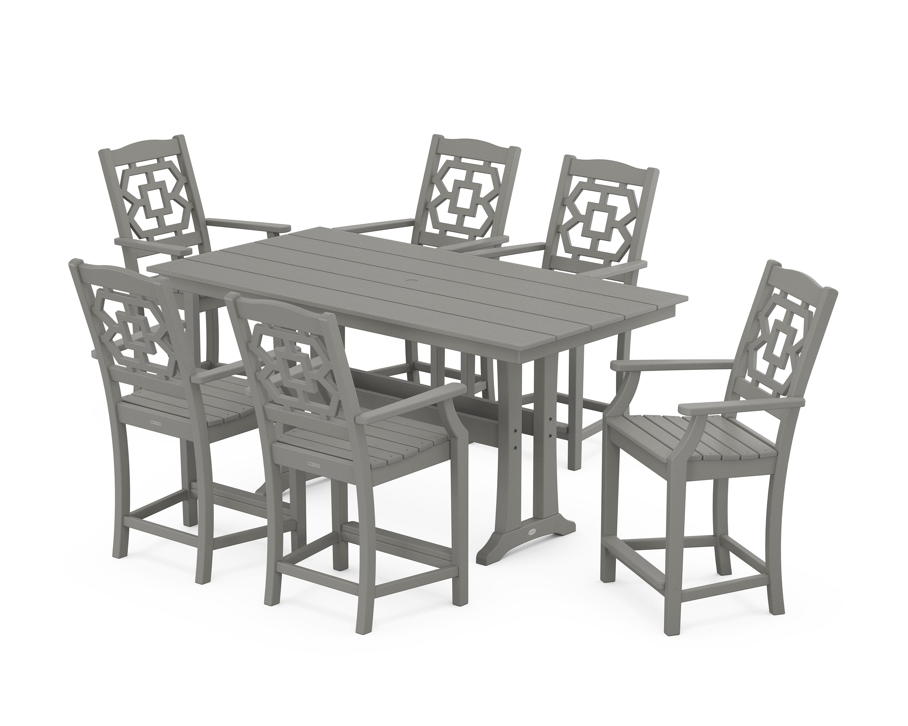 Chinoiserie Arm Chair 7-Piece Farmhouse Counter Set with Trestle Legs in Slate Grey