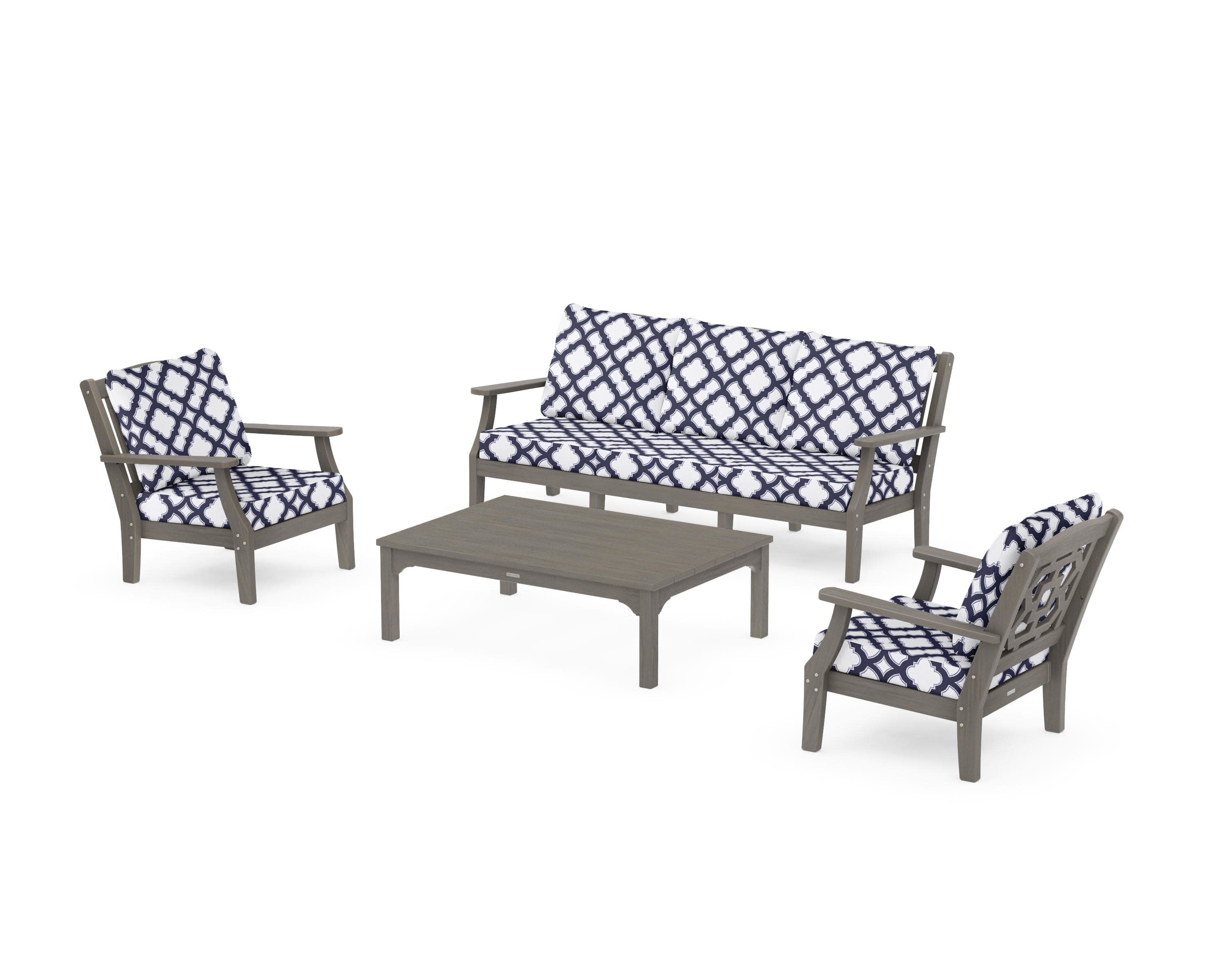 Chinoiserie 4-Piece Deep Seating Set with Sofa in Driftwood / Trellis Navy