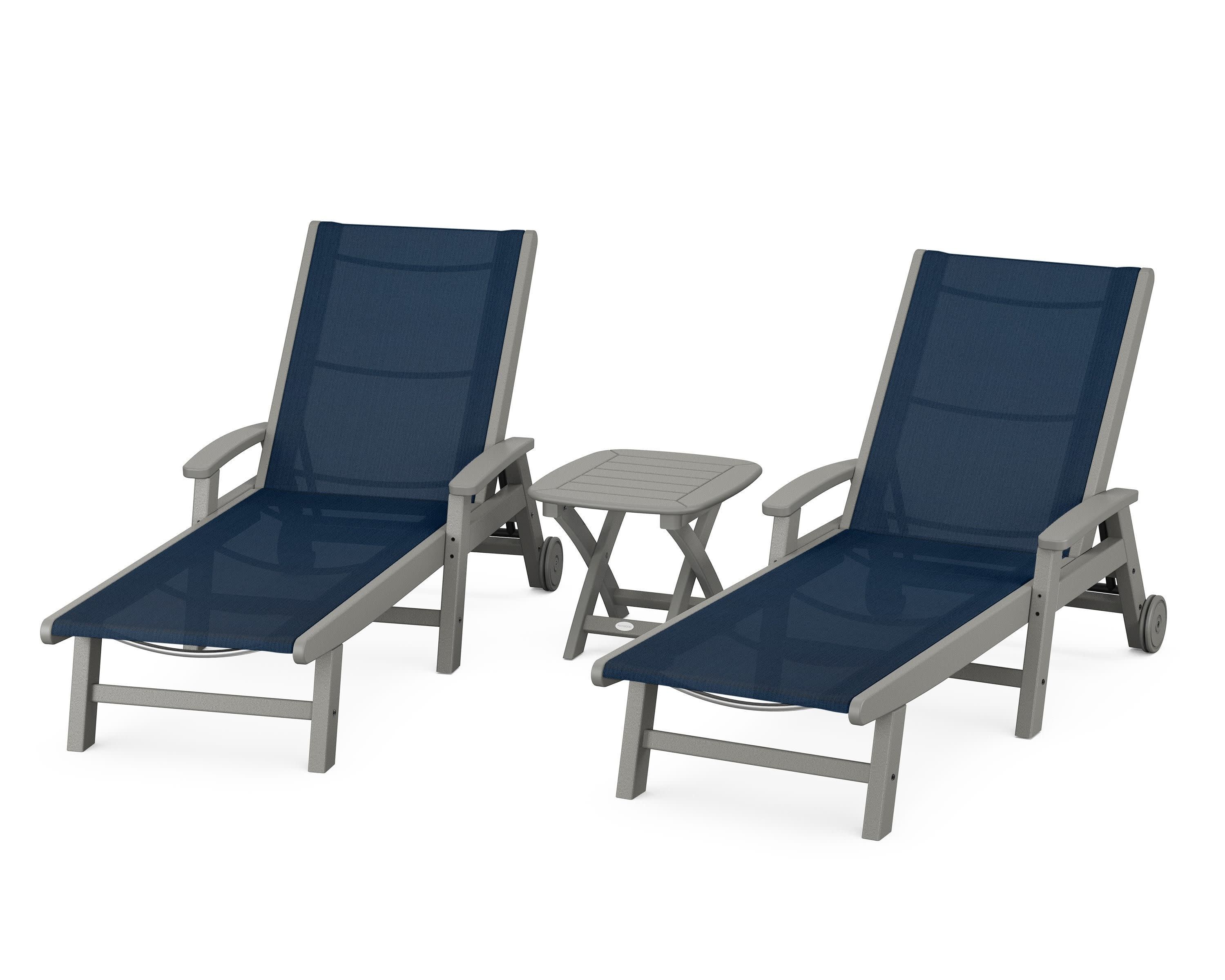 Coastal 3-Piece Wheeled Chaise Set in Slate Grey / Navy Blue Sling
