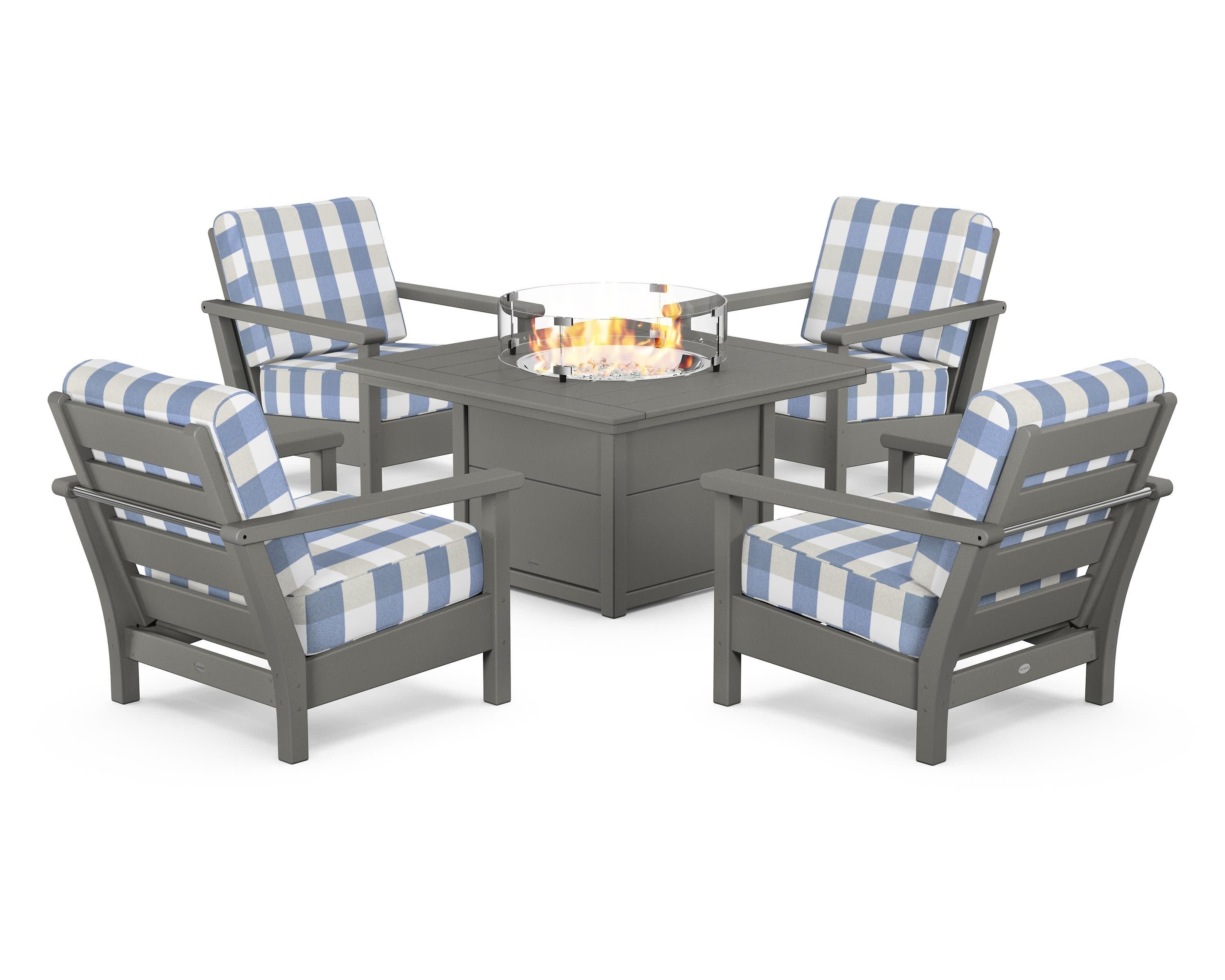 Harbour 5-Piece Conversation Set with Fire Pit Table in Slate Grey / Buffalo Plaid Sky Blue