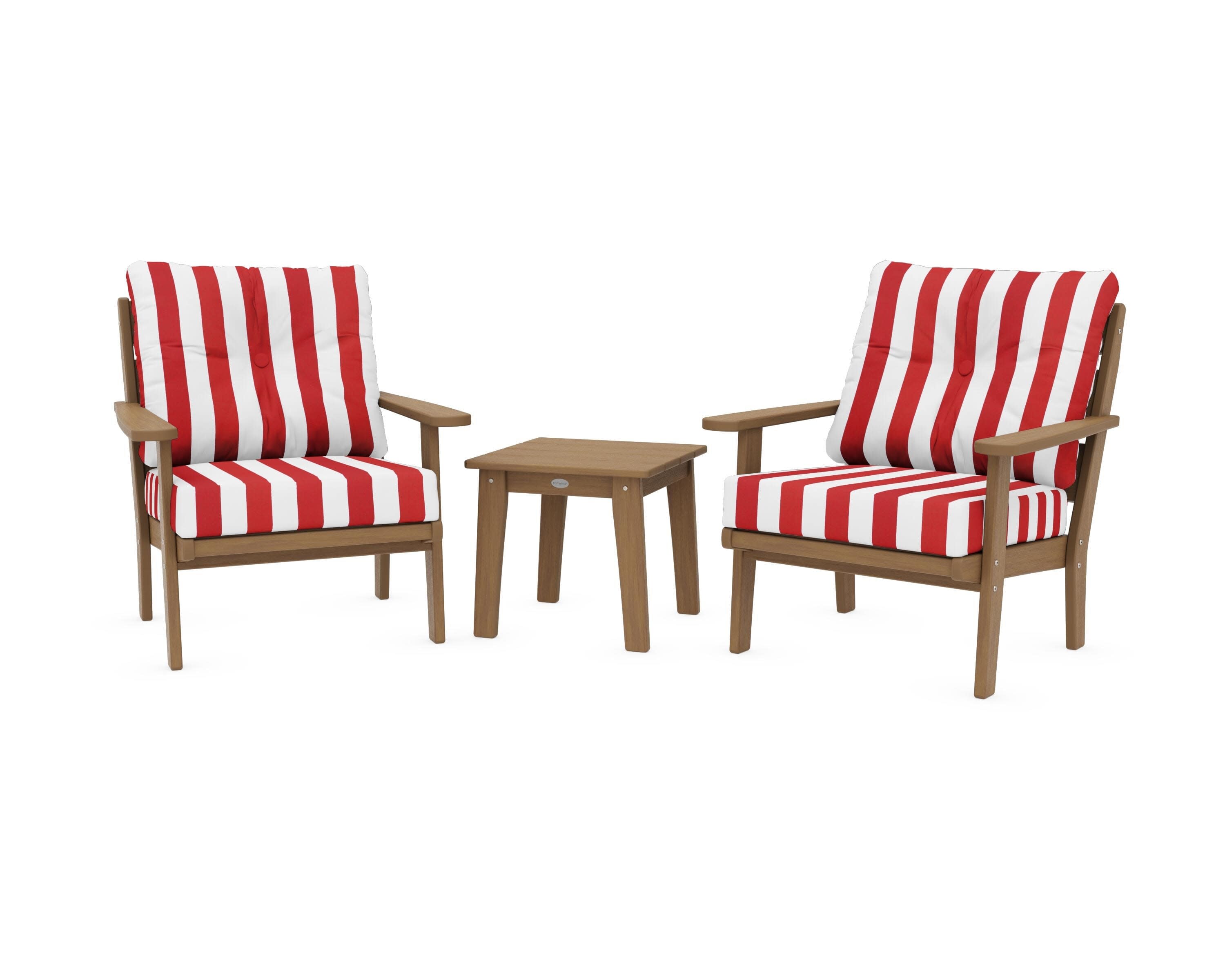 Lakeside 3-Piece Deep Seating Chair Set in Natural / Cabana Stripe Crimson