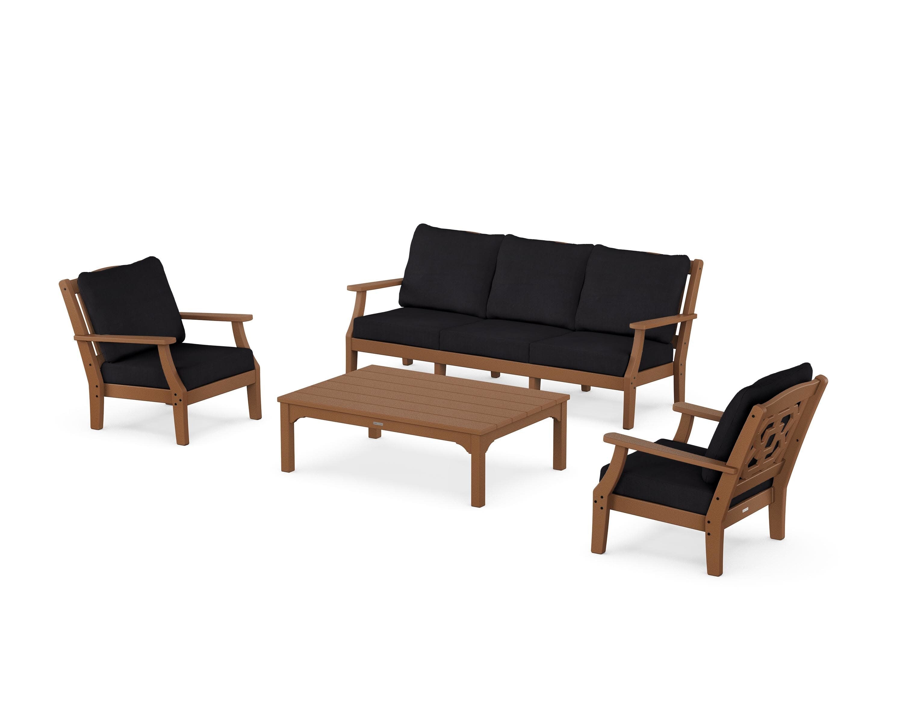 Chinoiserie 4-Piece Deep Seating Set with Sofa in Teak / Midnight Linen