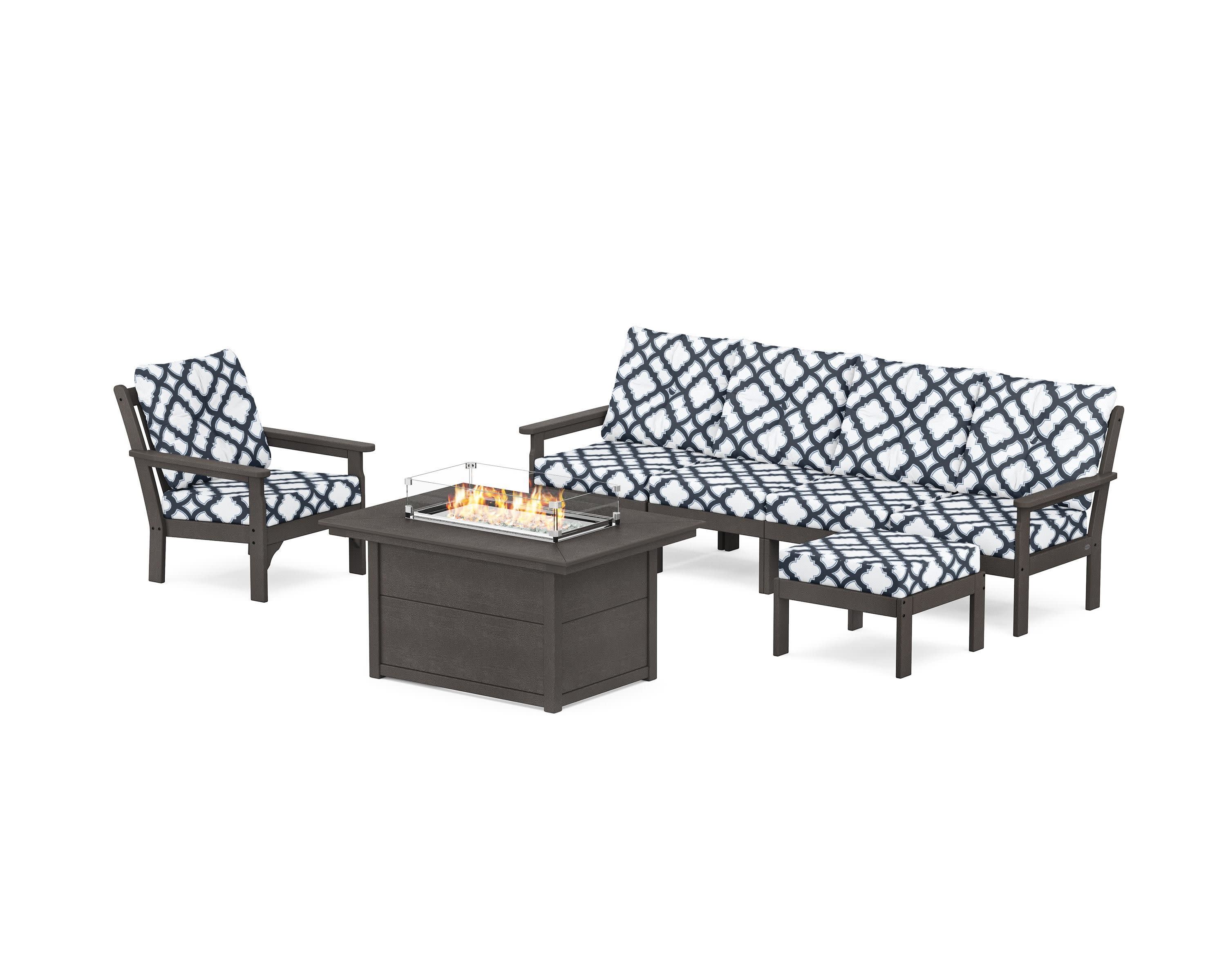 Vineyard Sectional Lounge and Fire Pit Set in Vintage Coffee / Trellis Marine Indigo