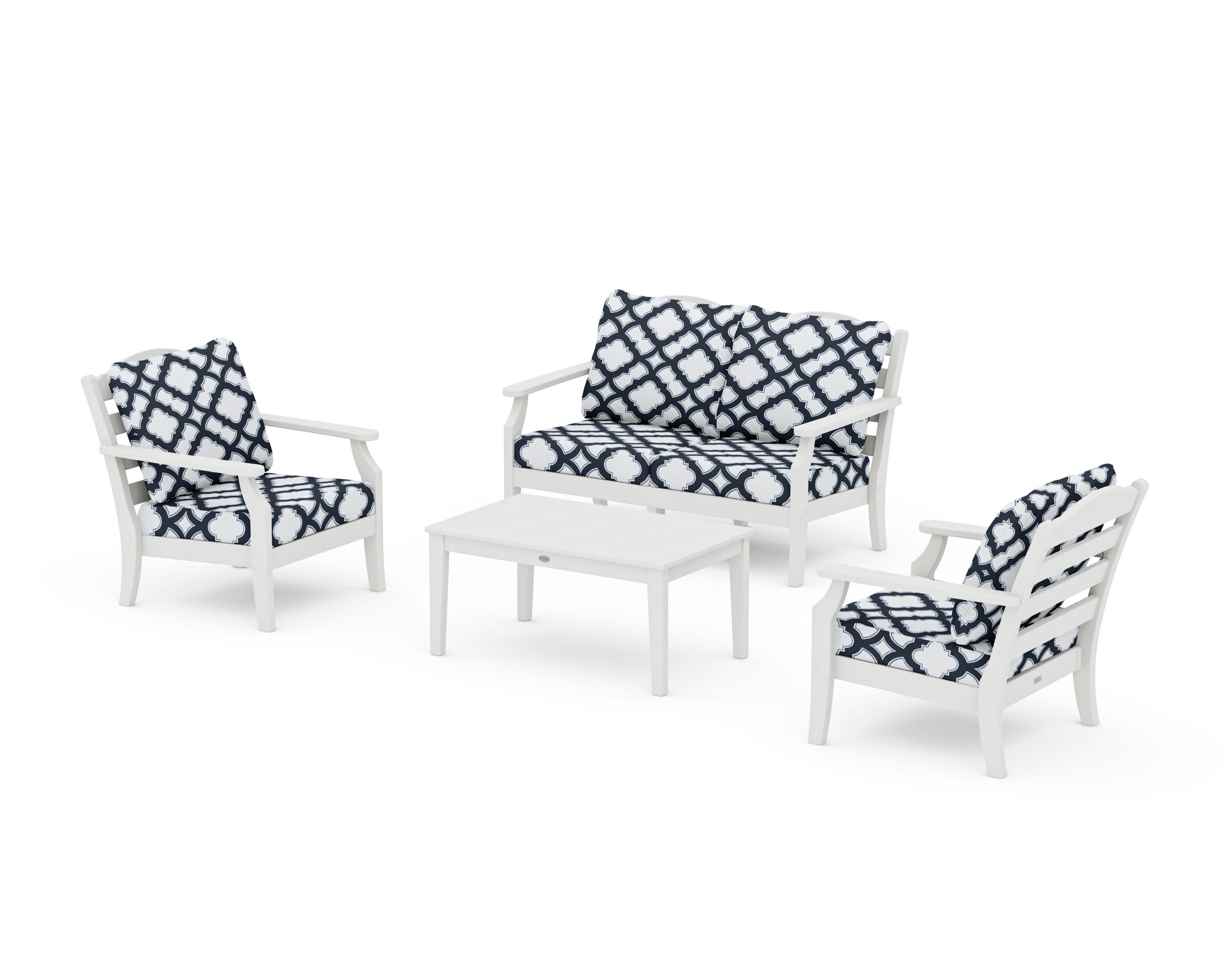 Savannah 4-Piece Deep Seating Set with Loveseat in Vintage White / Trellis Marine Indigo