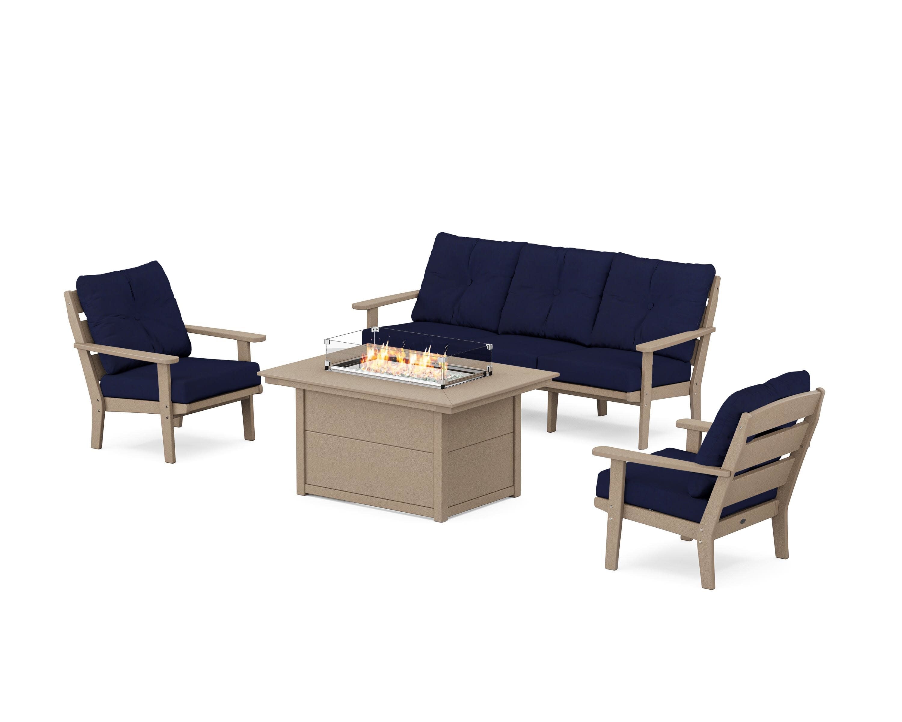 Lakeside Deep Seating Fire Pit Table Set in Vintage Sahara / Navy