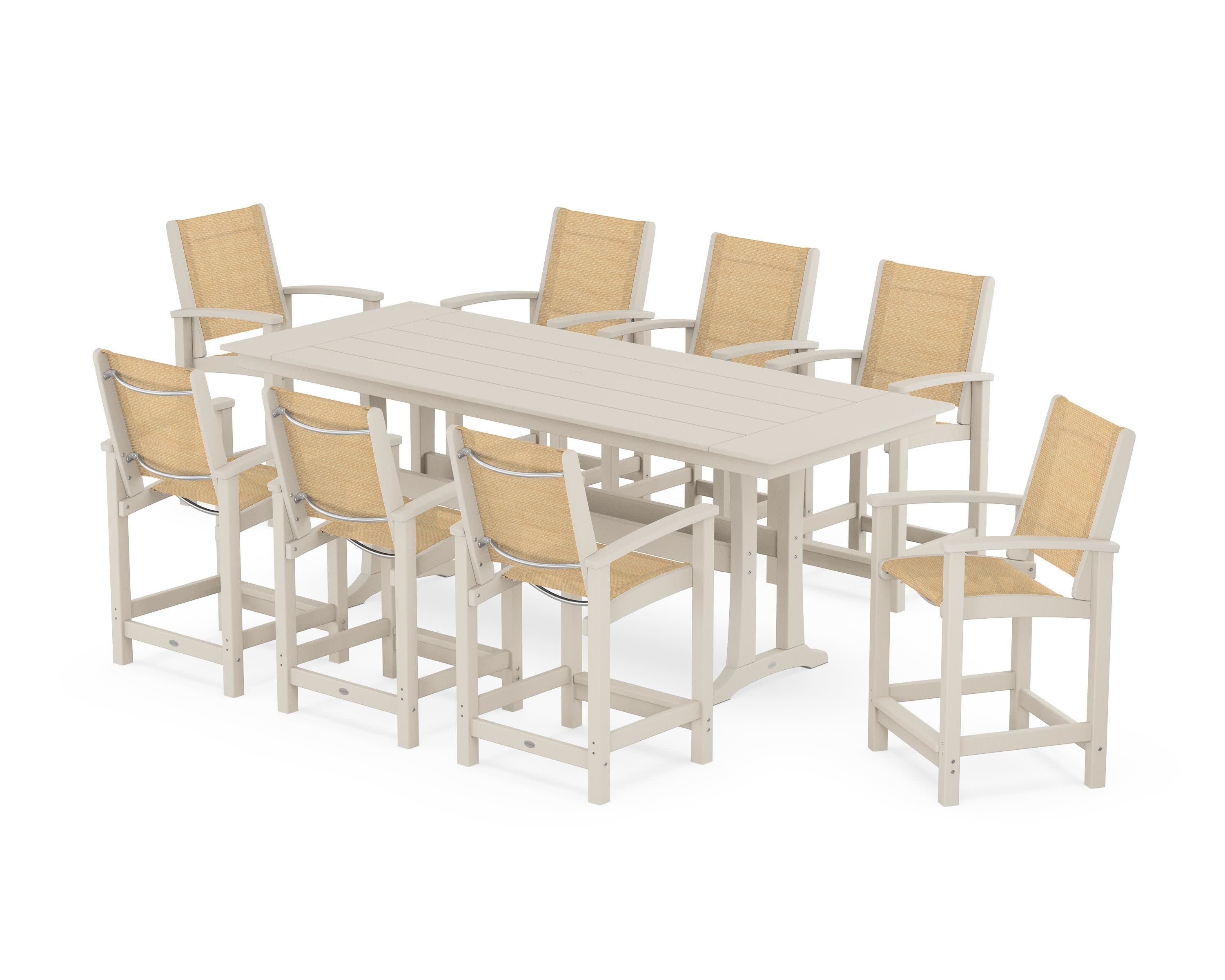 Coastal 9-Piece Farmhouse Counter Set with Trestle Legs in Sand / Dupioni Apricot Sling