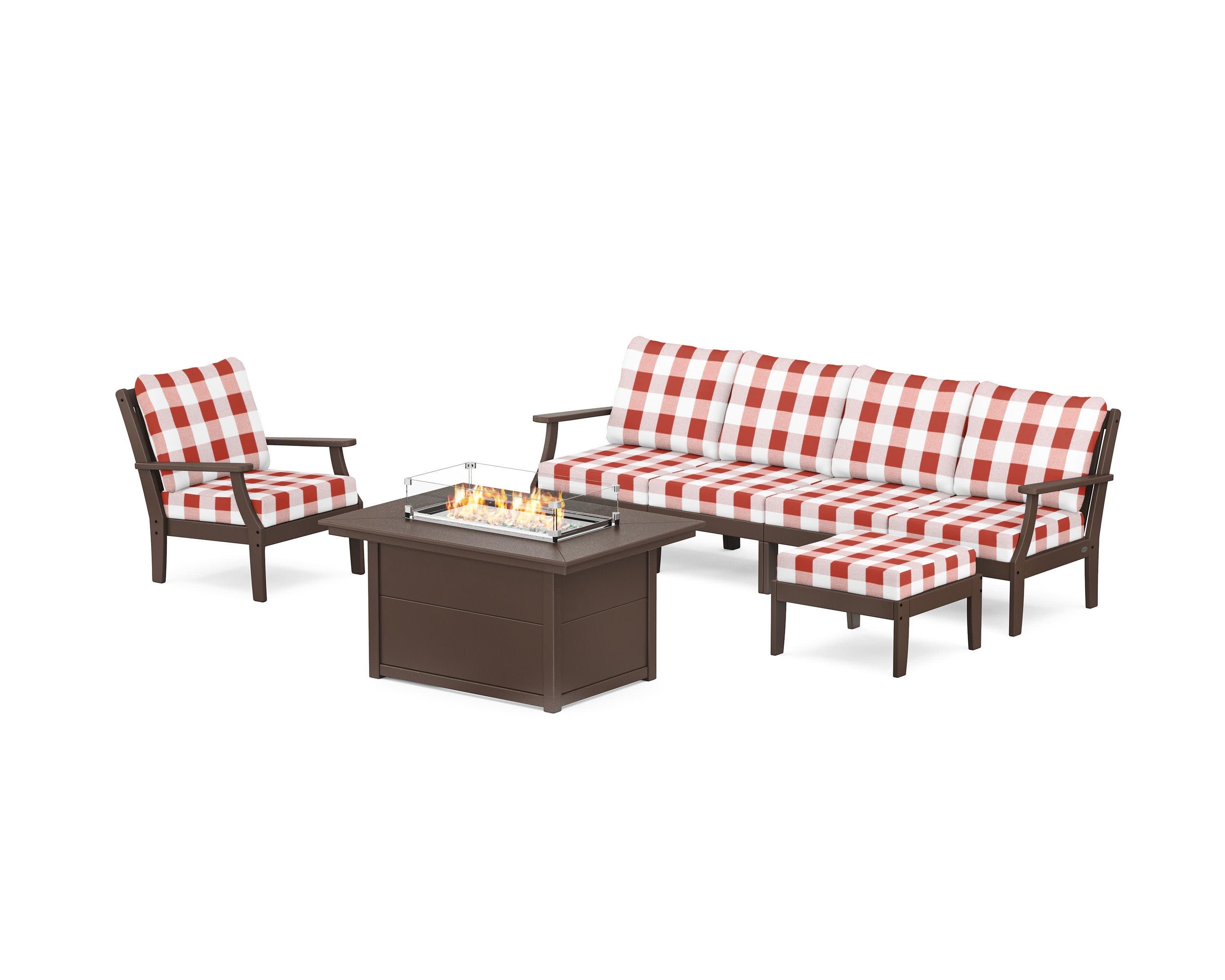 Braxton Sectional Lounge and Fire Pit Set in Mahogany / Buffalo Plaid Crimson