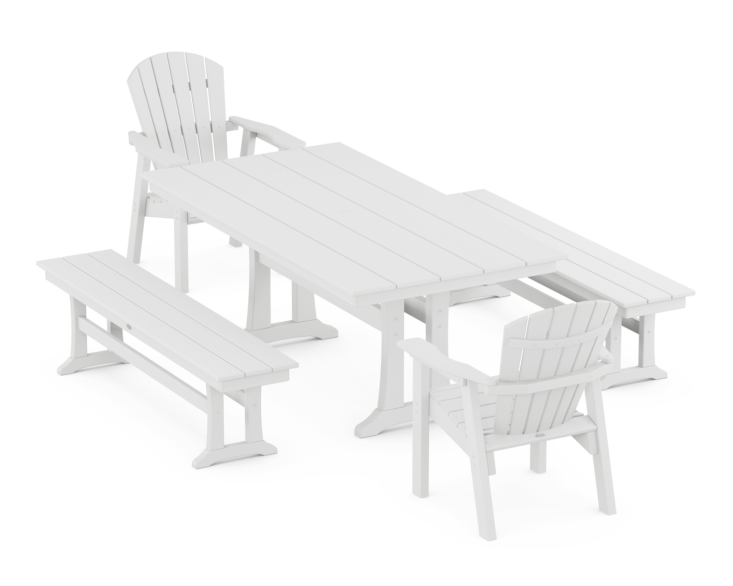 Seashell 5-Piece Farmhouse Dining Set With Trestle Legs in White