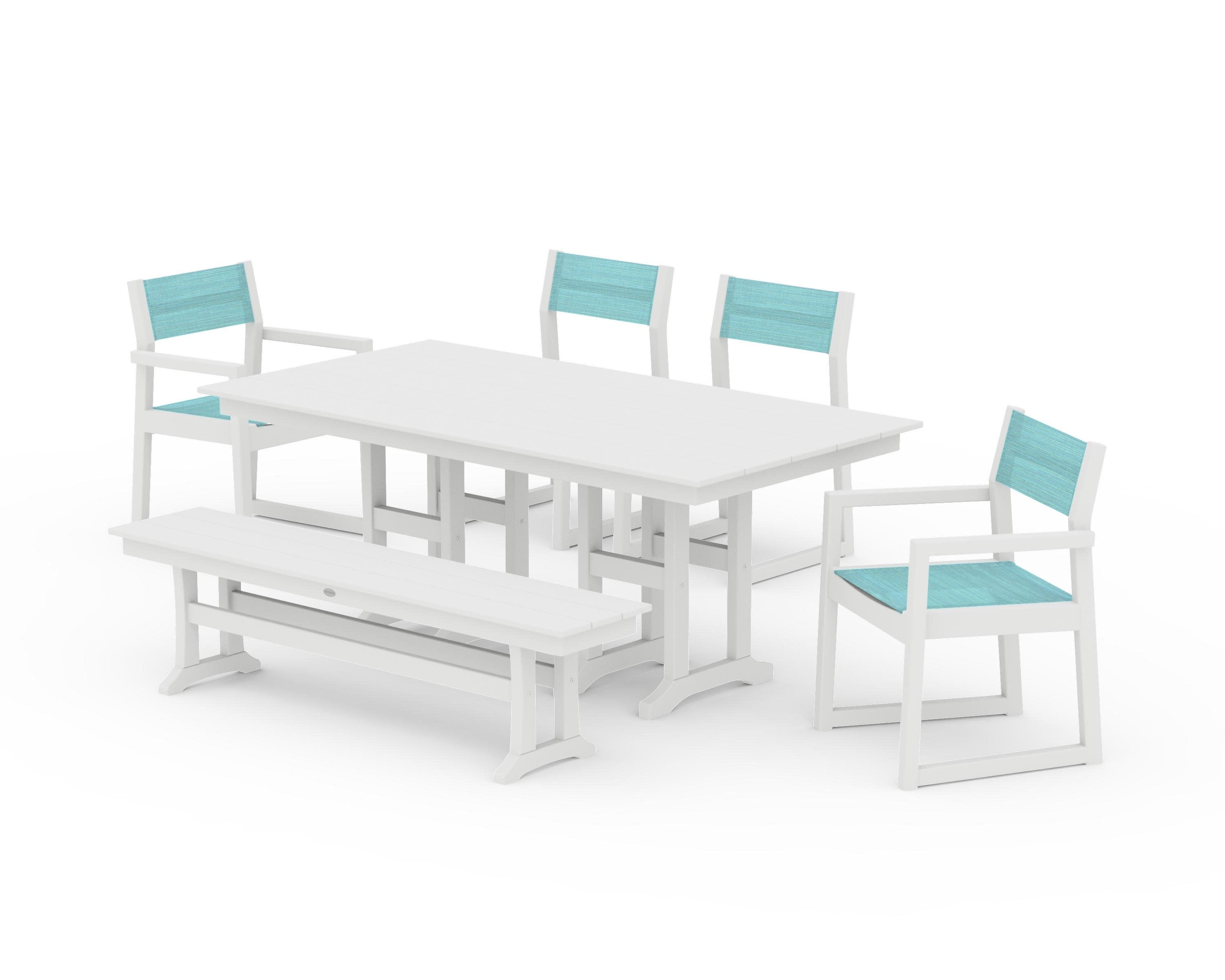 EDGE Sling 6-Piece Farmhouse Dining Set in White / Dupioni Aquamarine Sling