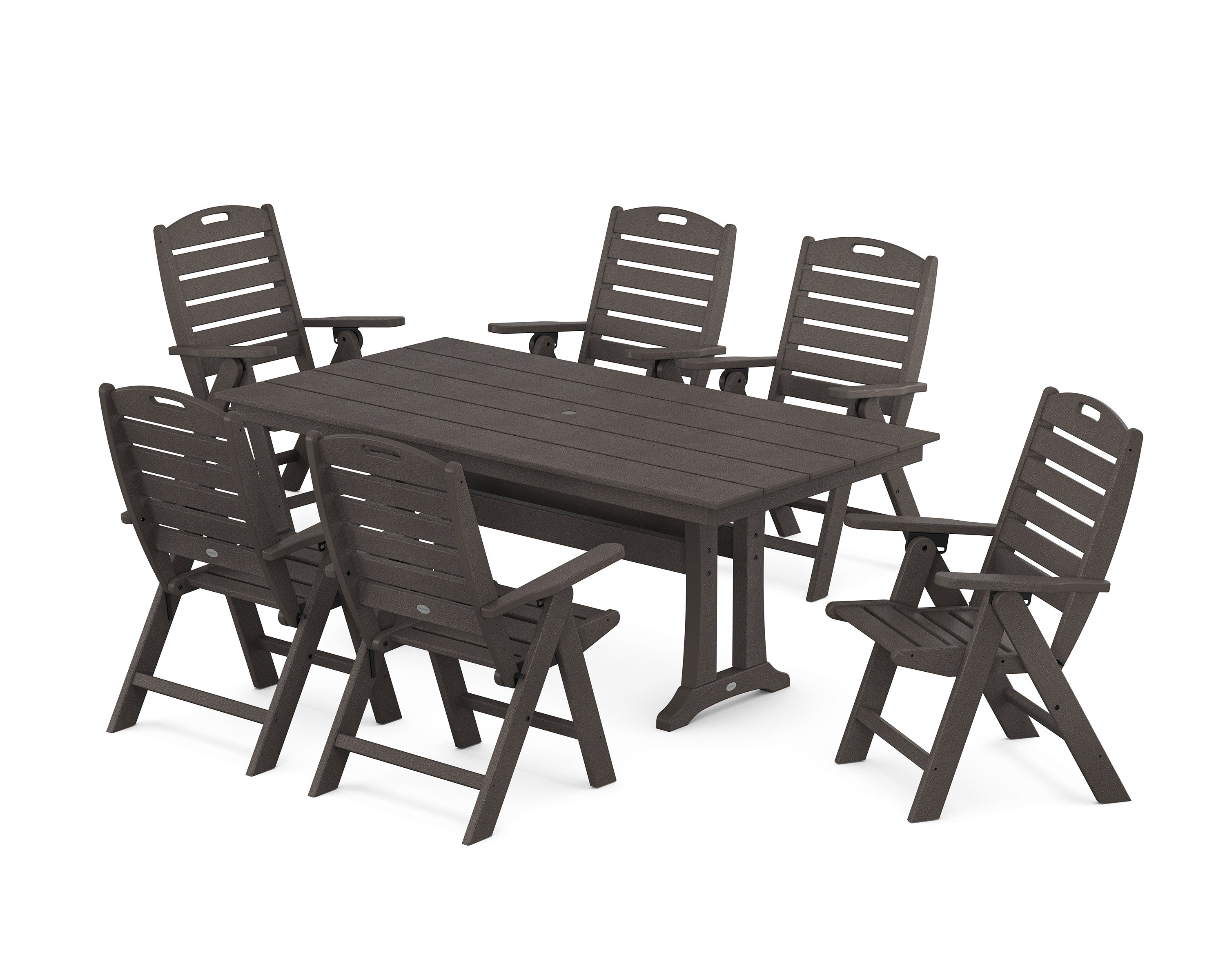 Nautical Highback 7-Piece Farmhouse Dining Set with Trestle Legs in Vintage Coffee